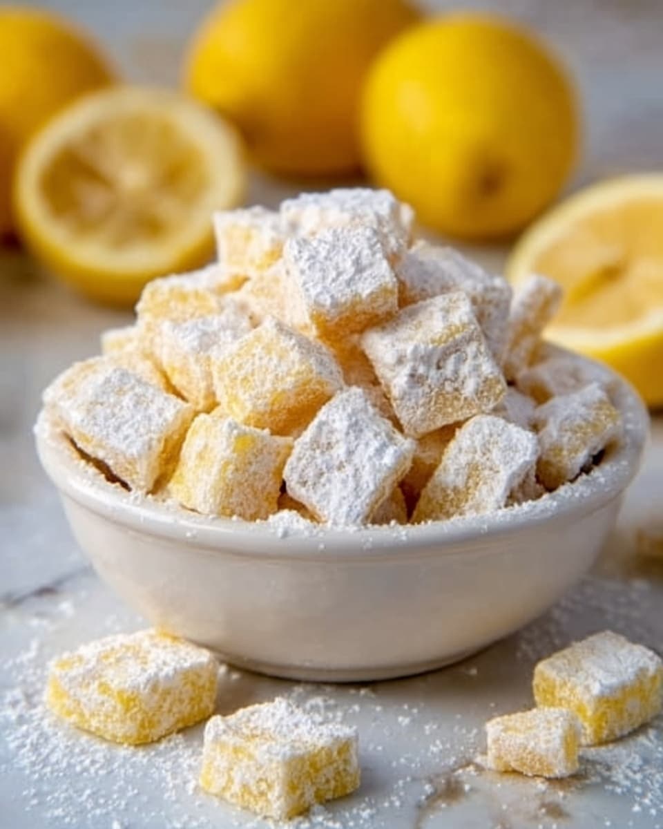 A white bowl filled with many small square pieces of light yellow lemon-flavored candy, each dusted heavily with white powdered sugar. The bowl is placed on a white marbled textured surface, with a few square pieces scattered around the bowl. In the background, there are whole and sliced bright yellow lemons, slightly out of focus, adding a fresh feel to the image. The colors are soft and warm, highlighting the powdered sugar's light texture on the candies. Photo taken with an iphone --ar 4:5 --v 7