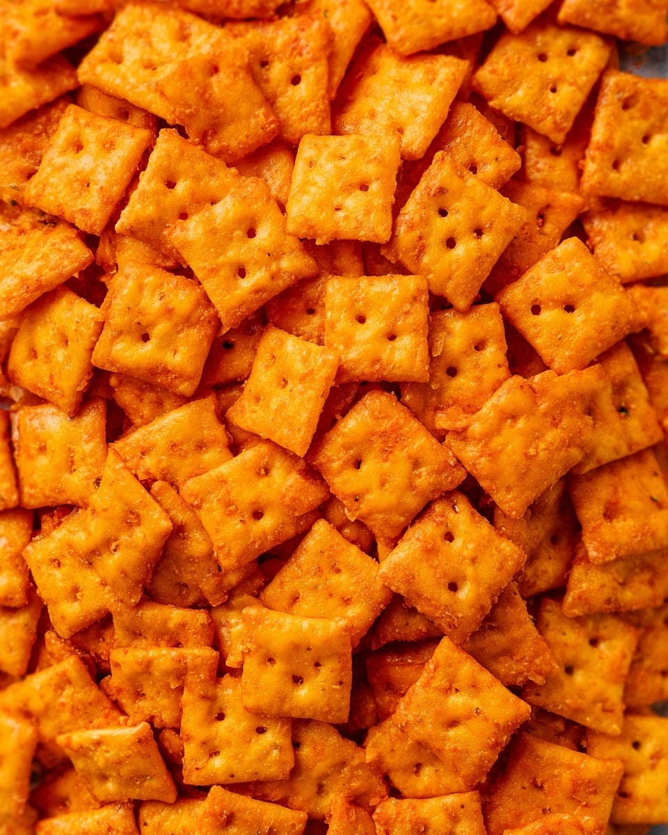 A close-up view of many small, square-shaped cheese crackers with slightly rough texture and tiny holes in the center of each piece, all packed together in layers with shades of bright orange and golden brown, creating a crunchy and cheesy look on a white marbled background. photo taken with an iphone --ar 4:5 --v 7