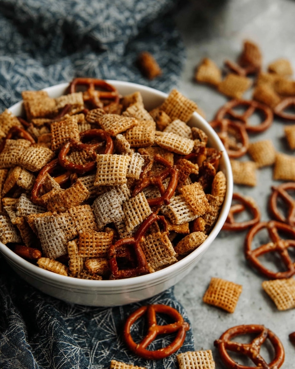 A white bowl filled with a snack mix showing two main layers: a base layer of square, light and dark brown cereal pieces with a crunchy, woven texture, and scattered throughout are small, shiny pretzels with a classic twisted shape and deep brown color. The bowl is placed on a white marbled textured surface with some snack pieces spilled around it, creating a casual, inviting look. The colors range from golden brown to darker toasted shades, highlighting the mix's crispy textures. Photo taken with an iphone --ar 4:5 --v 7