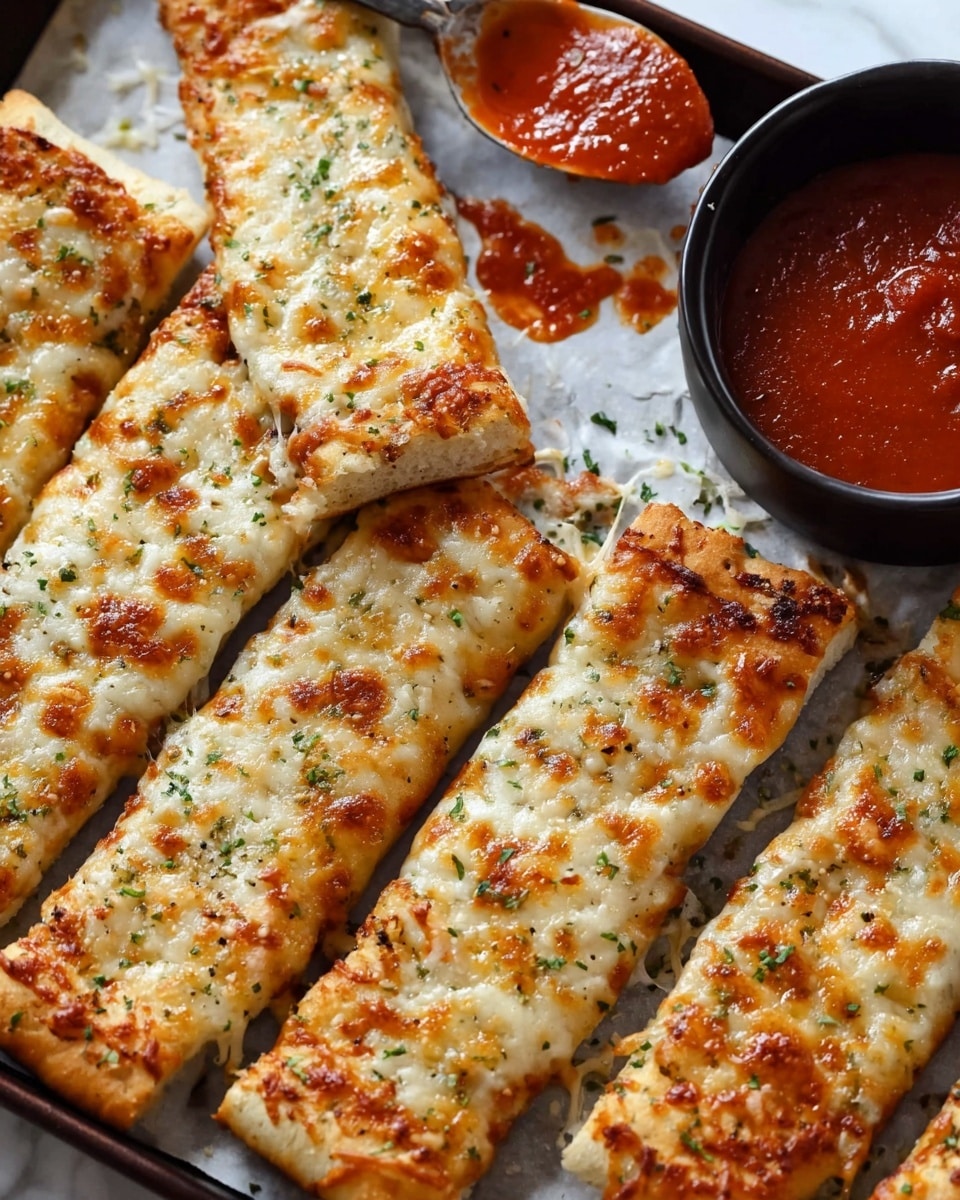 Several long, rectangular breadsticks covered with melted, bubbly white cheese and small bits of green herbs lie stacked and spread out on a baking sheet. The cheese has golden-brown spots from baking, adding texture to the creamy surface. On the side, a small black bowl filled with bright red marinara sauce sits with some sauce drips nearby, and a spoon coated with the same red sauce rests on the white marbled surface. The cheese breadsticks appear soft and slightly crispy on the edges, inviting and warm. photo taken with an iphone --ar 4:5 --v 7