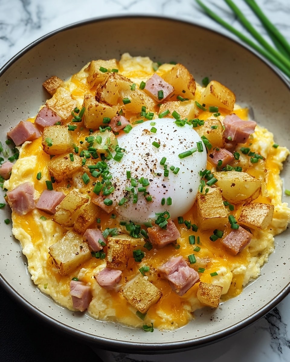 A close-up view shows a dish in a white bowl filled with layers of cooked yellow potatoes that have slight brown spots, a layer of melted bright orange cheddar cheese covering the potatoes, topped with a soft white poached egg in the center, scattered pieces of small crispy pink bacon bits, and fresh chopped green onions sprinkled over the whole dish. The bowl is placed on a white marbled surface. The colors are warm and inviting with a mix of yellow, white, pink, and green. Photo taken with an iphone --ar 4:5 --v 7