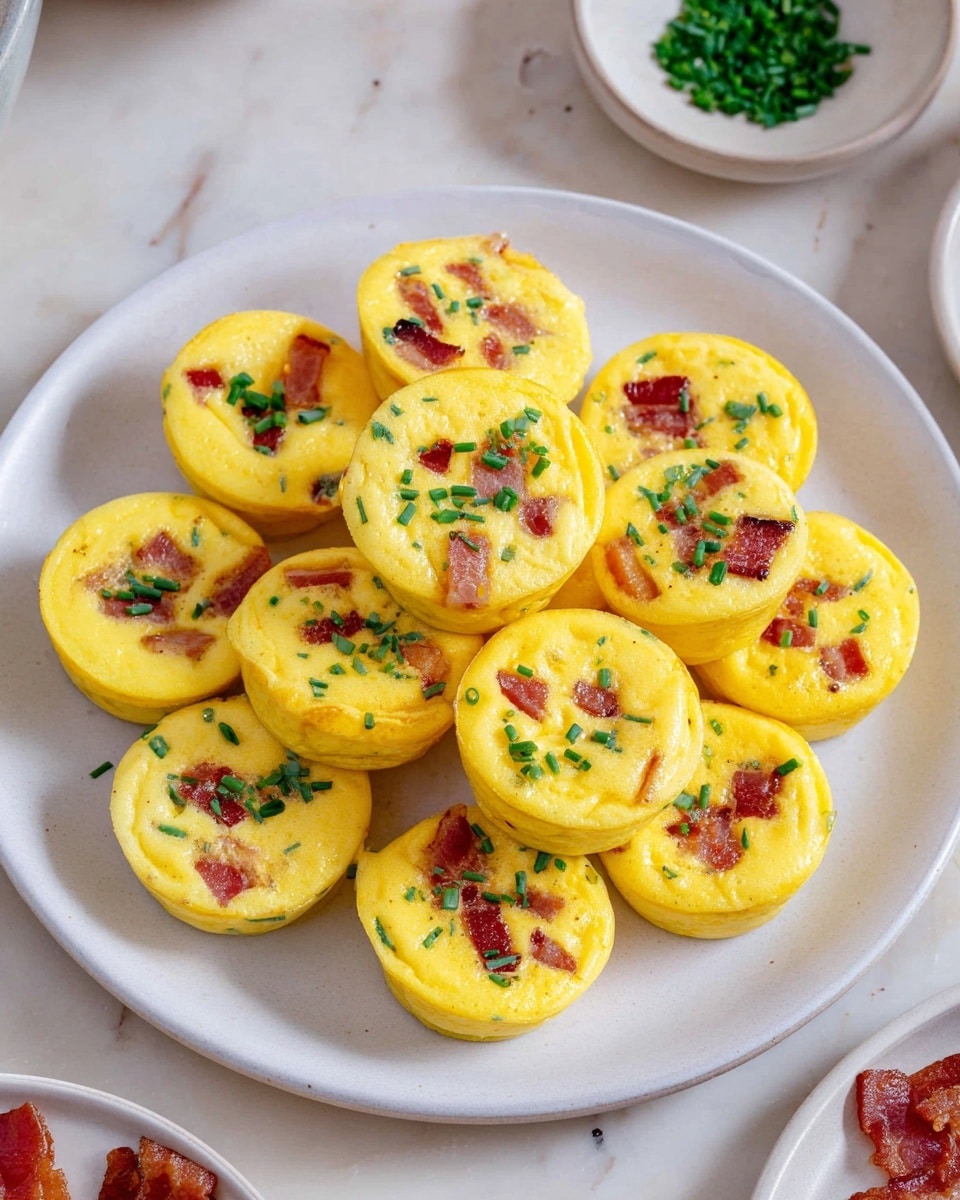 A white plate holds a pile of small, round egg muffins, each about two layers thick with a bright yellow, smooth exterior. Inside each muffin, pieces of reddish-brown bacon and small green chive slices are visible, evenly spread out on the top and within, giving a colorful contrast to the yellow eggs. The muffins have a soft, slightly spongy texture and are arranged in a casual cluster on the plate. The background features a white marbled surface, and parts of other plates and bowls around hold strips of crispy bacon and chopped chives. Photo taken with an iphone --ar 4:5 --v 7