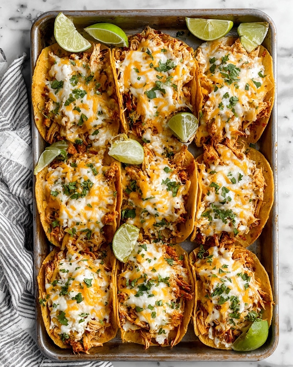 A tray filled with two rows of golden-brown crispy tacos, each folded in half and packed with shredded orange and white cheese melting over a base layer of tender, shredded chicken that looks juicy and flavorful. Bright green chopped cilantro is sprinkled over the top of the tacos, adding a fresh contrast. Around the edges of the tray are wedges of fresh light green lime, placed for squeezing. The tray rests on a white marbled surface with a striped cloth peeking in from the left side. Photo taken with an iphone --ar 4:5 --v 7