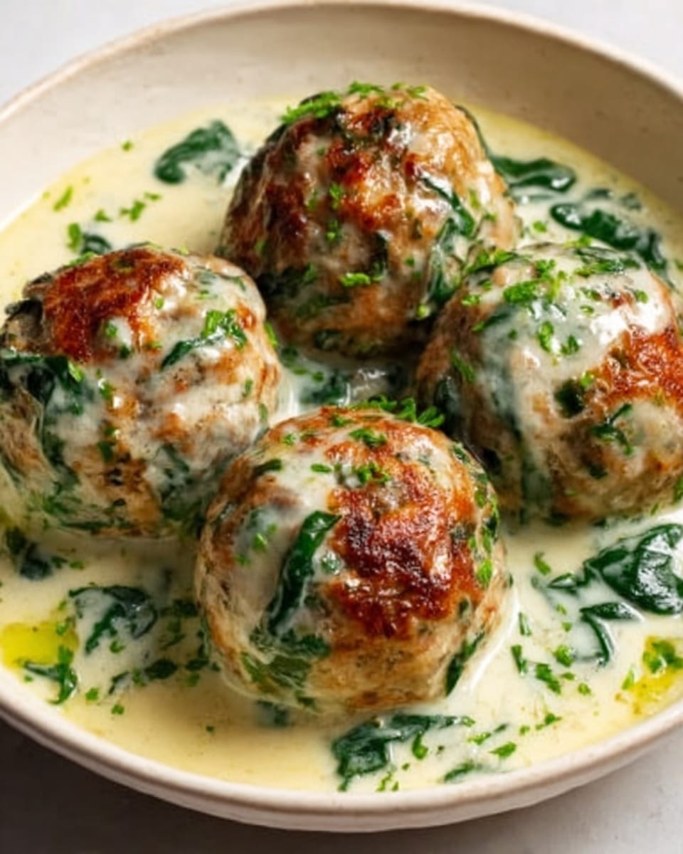 A white bowl filled with five large meatballs cooked to a golden brown, sitting in a creamy white sauce with visible chopped green herbs and spinach mixed in. The sauce is smooth and lightly thick, covering the bottom of the bowl and partially coating the meatballs. The white marbled surface beneath the bowl contrasts softly with the warm tones of the meatballs and the light green herbs, creating a fresh and inviting look. Photo taken with an iphone --ar 4:5 --v 7