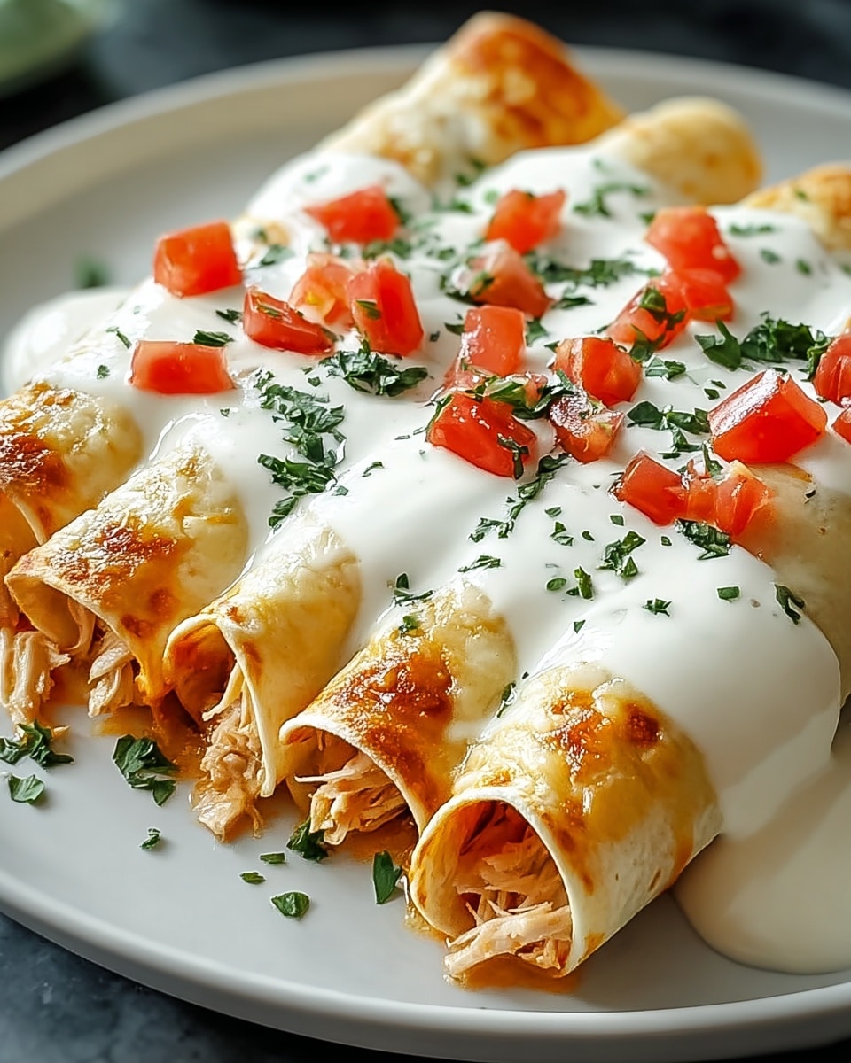 Four rolled tortillas filled with shredded chicken form the bottom layer, each tortilla showing a light golden-brown color with some slight browning on the edges. A smooth, creamy white sauce covers the top of the tortillas fully, flowing slightly down the sides. Small red tomato pieces and green chopped herbs are sprinkled over the white sauce in an even pattern. The dish is presented on a white plate, placed on a white marbled surface. photo taken with an iphone --ar 4:5 --v 7