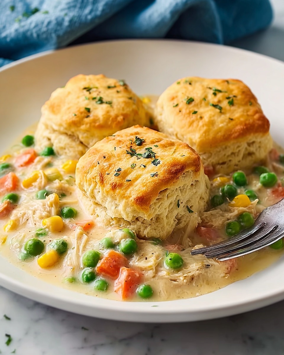 Three golden brown biscuits sit on a white plate, each biscuit showing a soft, flaky texture with a slightly crisp top sprinkled with small green herb bits. Nestled beneath and around the biscuits is a creamy stew filled with bright green peas, orange carrot chunks, yellow corn kernels, and shredded white chicken, all mixed in a light beige sauce that looks rich and smooth. A silver fork rests on the plate’s edge, ready to scoop the warm, comforting dish. The backdrop is a clean white marbled surface with a soft blue cloth blurred in the background. photo taken with an iphone --ar 4:5 --v 7