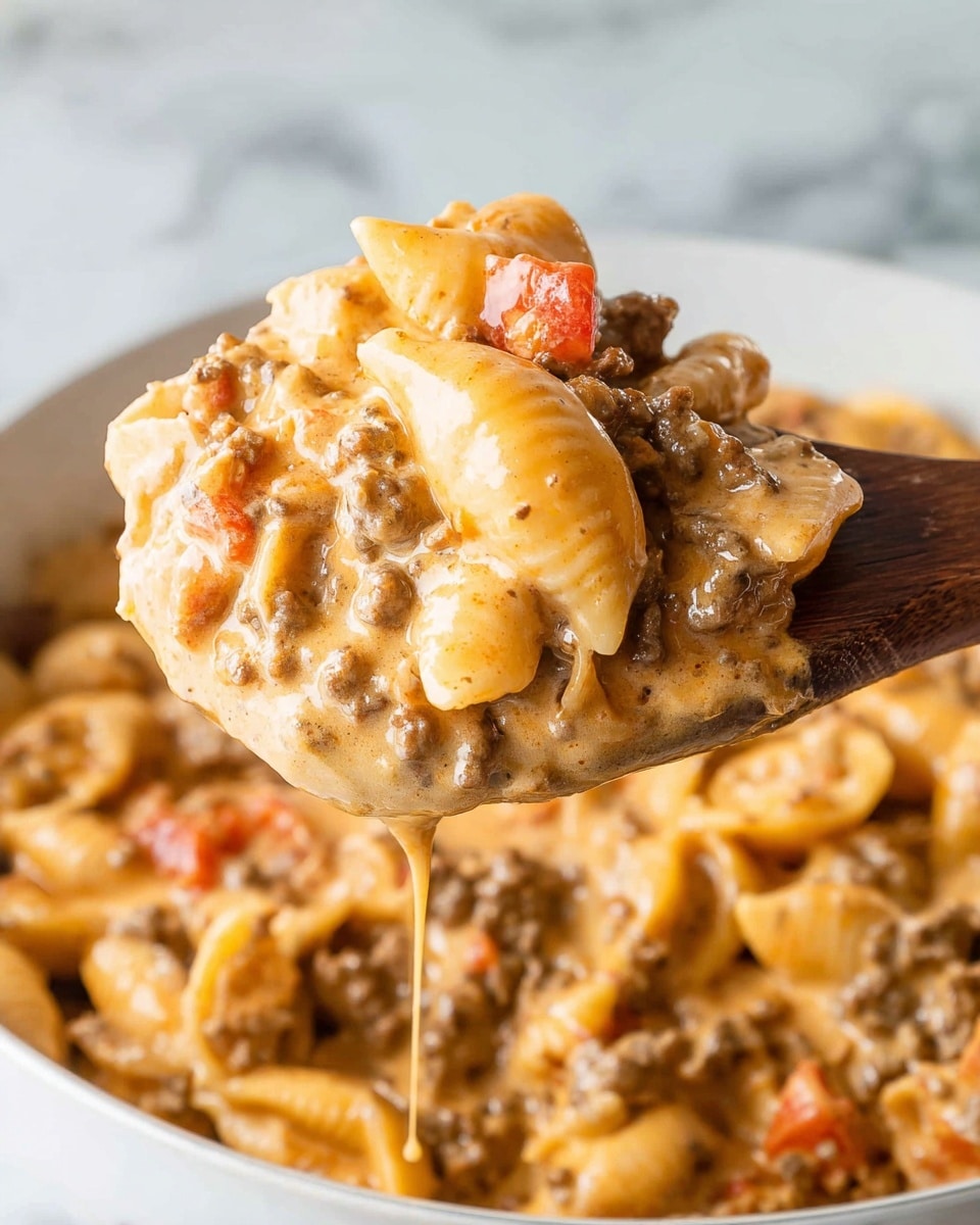 A close-up of a wooden spoon lifting a creamy pasta dish with three visible layers: the bottom layer is light brown cooked ground beef, the middle layer is light golden pasta shells coated in a thick, tan creamy sauce, and the top layer shows bits of tender beef mixed with the sauce and pasta along with small pieces of red tomato, all dripping slightly from the spoon over a white bowl on a white marbled surface. Photo taken with an iphone --ar 4:5 --v 7
