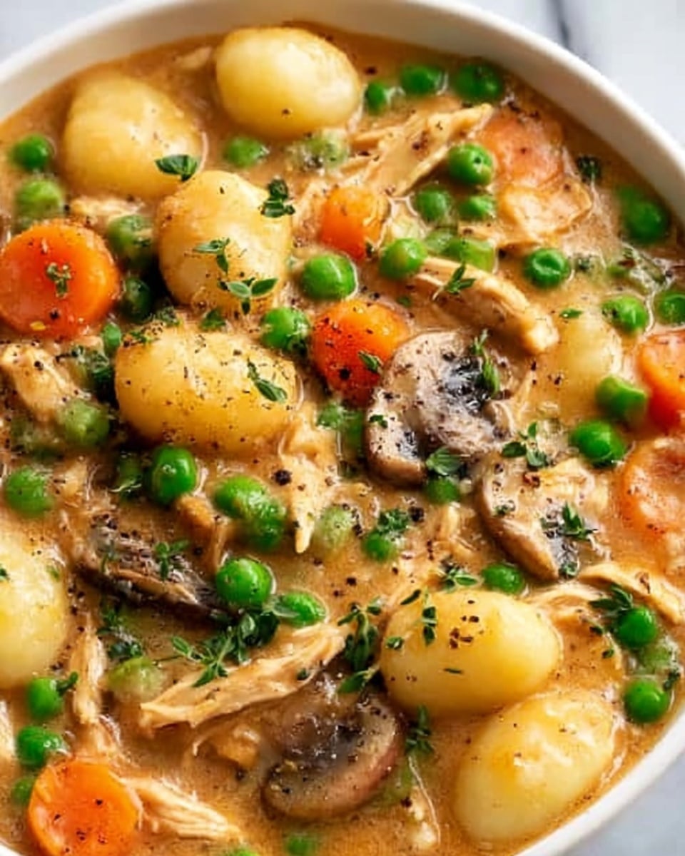 A close-up view of a white bowl filled with creamy chicken and vegetable stew. The dish shows soft, round gnocchi lightly coated in a thick, light brown sauce mixed with small pieces of shredded chicken, bright orange carrot slices, vibrant green peas, and sliced brown mushrooms. The vegetables and gnocchi are spread evenly throughout the bowl, with visible black pepper sprinkled on top. The background is a white marbled texture. Photo taken with an iphone --ar 4:5 --v 7