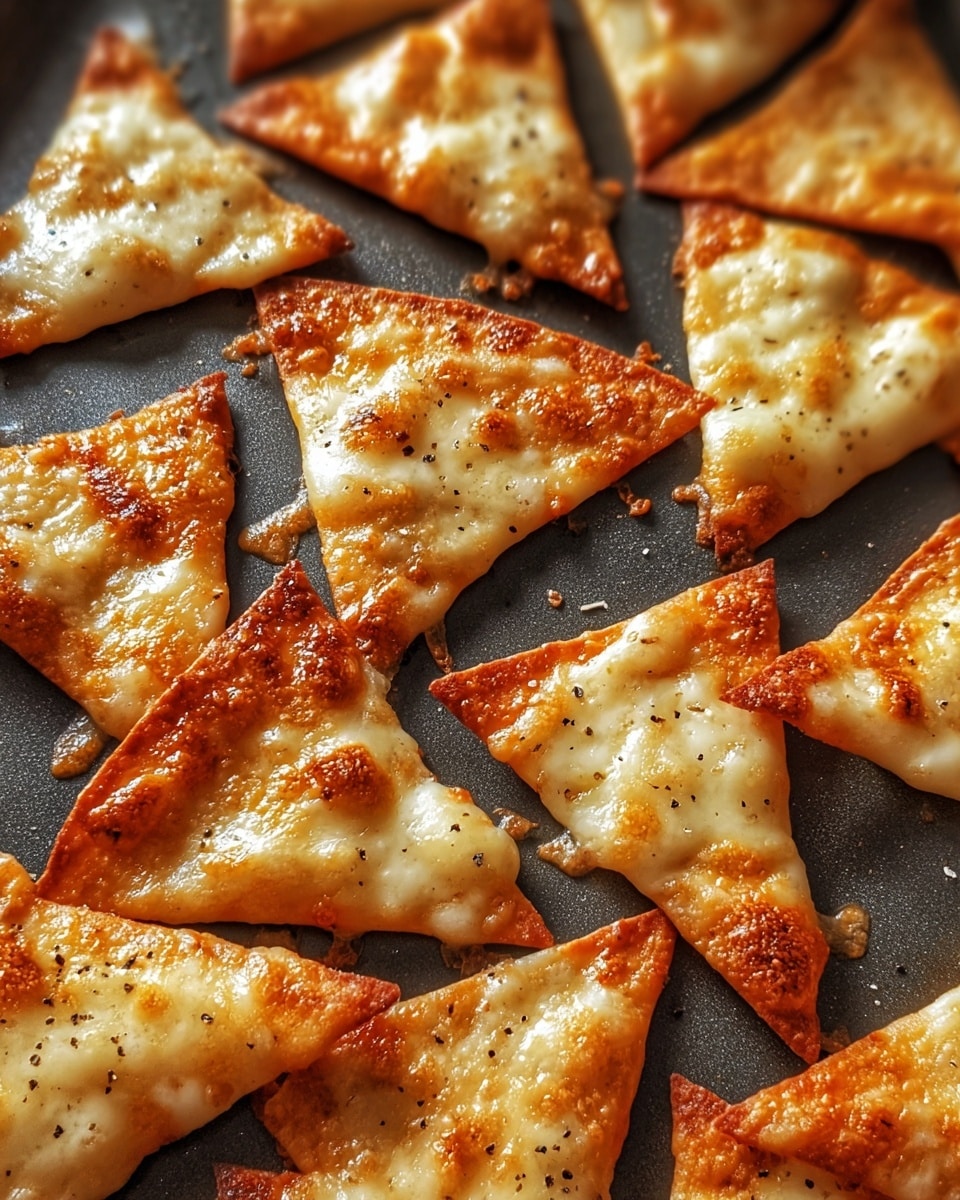 Several small triangular pizza slices are laid out on a dark baking tray. Each slice has a thin, crispy crust with a golden-brown edge. The top layer is covered with melted cheese that has bubble spots and some areas smoked to a light brown. A light sprinkle of black pepper and coarse salt is visible on some slices, giving texture contrast. The dark tray underneath makes the warm orange and yellow tones of the pizza stand out. The background has a shallow focus showing more slices blurred out. photo taken with an iphone --ar 4:5 --v 7