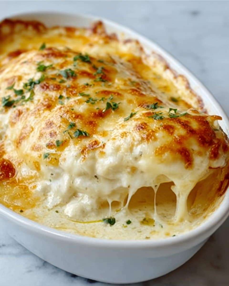 The dish shows a close-up of a white bowl filled with two large creamy baked portions covered in melted golden-brown cheese with a slightly crispy texture on top. Each portion is layered, starting with a smooth white base beneath the cheese, and small green parsley pieces are sprinkled on top for color. The bowl sits on a white marbled surface. The photo taken with an iphone --ar 4:5 --v 7