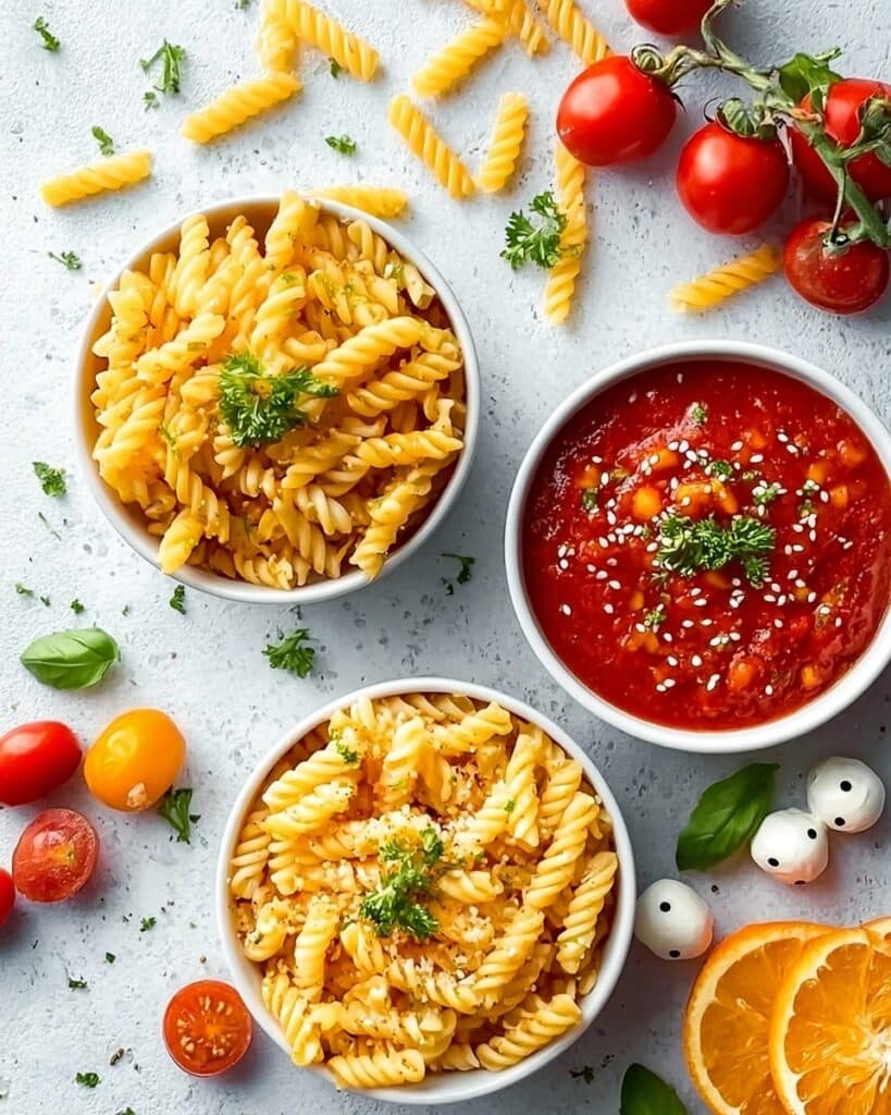 Colorful Pasta with Tomato, Cream, and Basil Pesto Sauces Recipe
