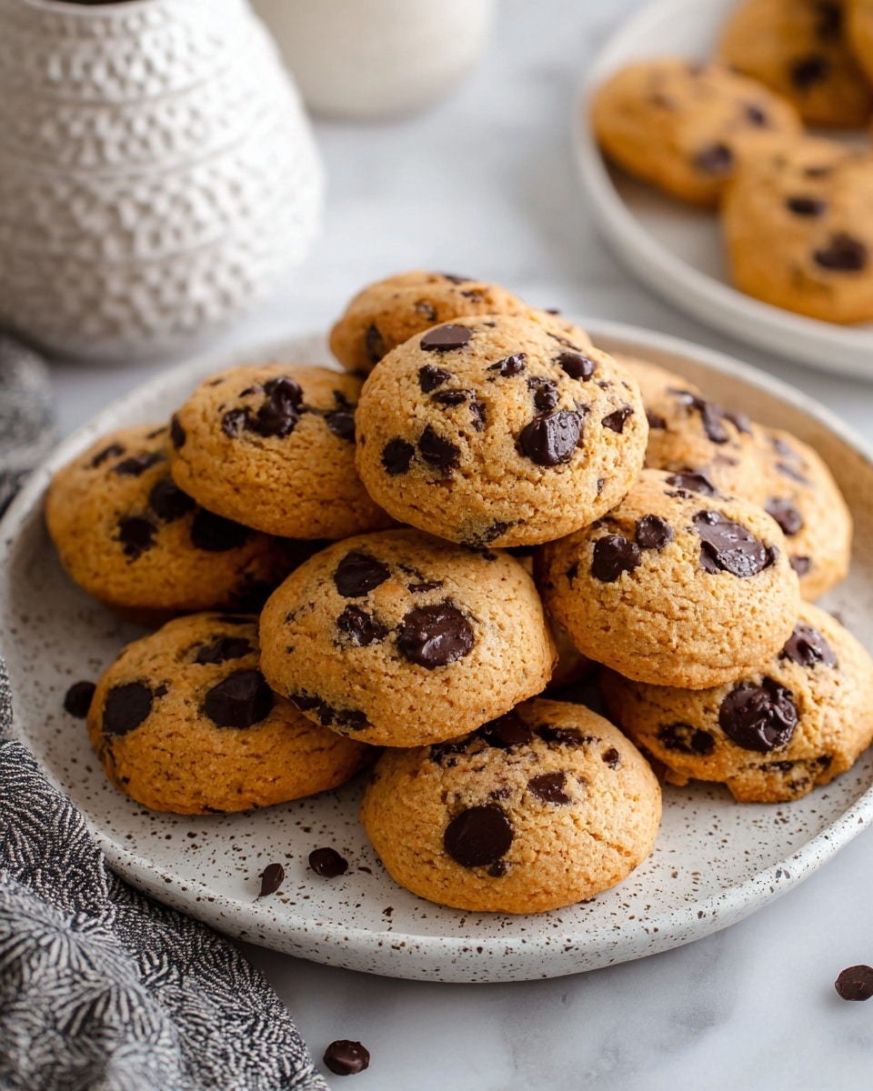 A white speckled plate is filled with two layers of soft, thick pumpkin chocolate chip cookies, each cookie golden orange-brown with glossy dark brown chocolate chips embedded on top and throughout the dough. The cookies have a fluffy, slightly rounded texture and are piled closely together in a casual stack. The plate rests on a white marbled textured surface with a gray cloth featuring small white stitches visible on the left side. In the background, there are a few more cookies and a white decorative lantern with cut-out patterns, softly out of focus. Photo taken with an iphone --ar 4:5 --v 7