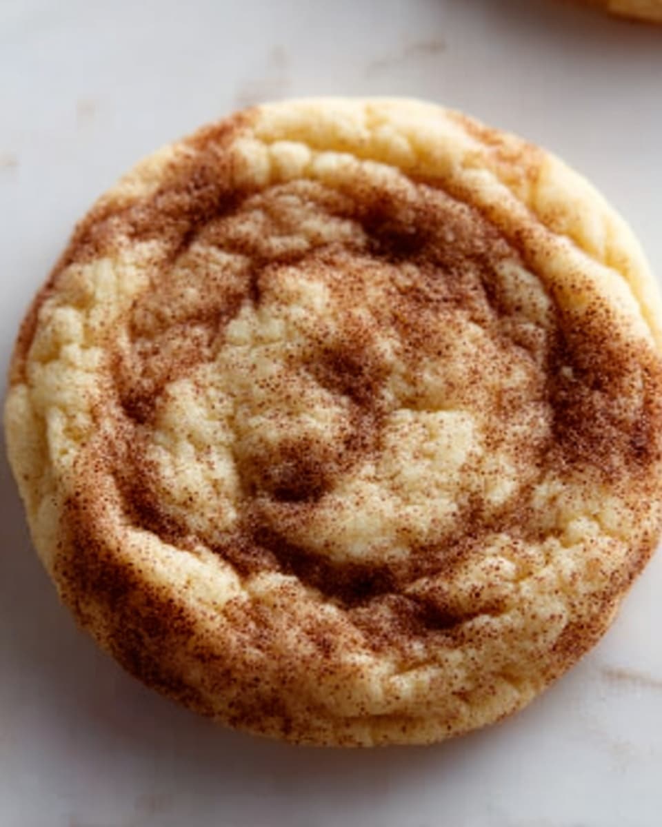 A close-up image of a single round cookie with a soft, slightly cracked surface showing swirls of light beige dough mixed with darker brown cinnamon sugar, giving it a marbled look. The cookie appears thick and chewy with a slightly crispy edge on a white marbled surface. photo taken with an iphone --ar 4:5 --v 7
