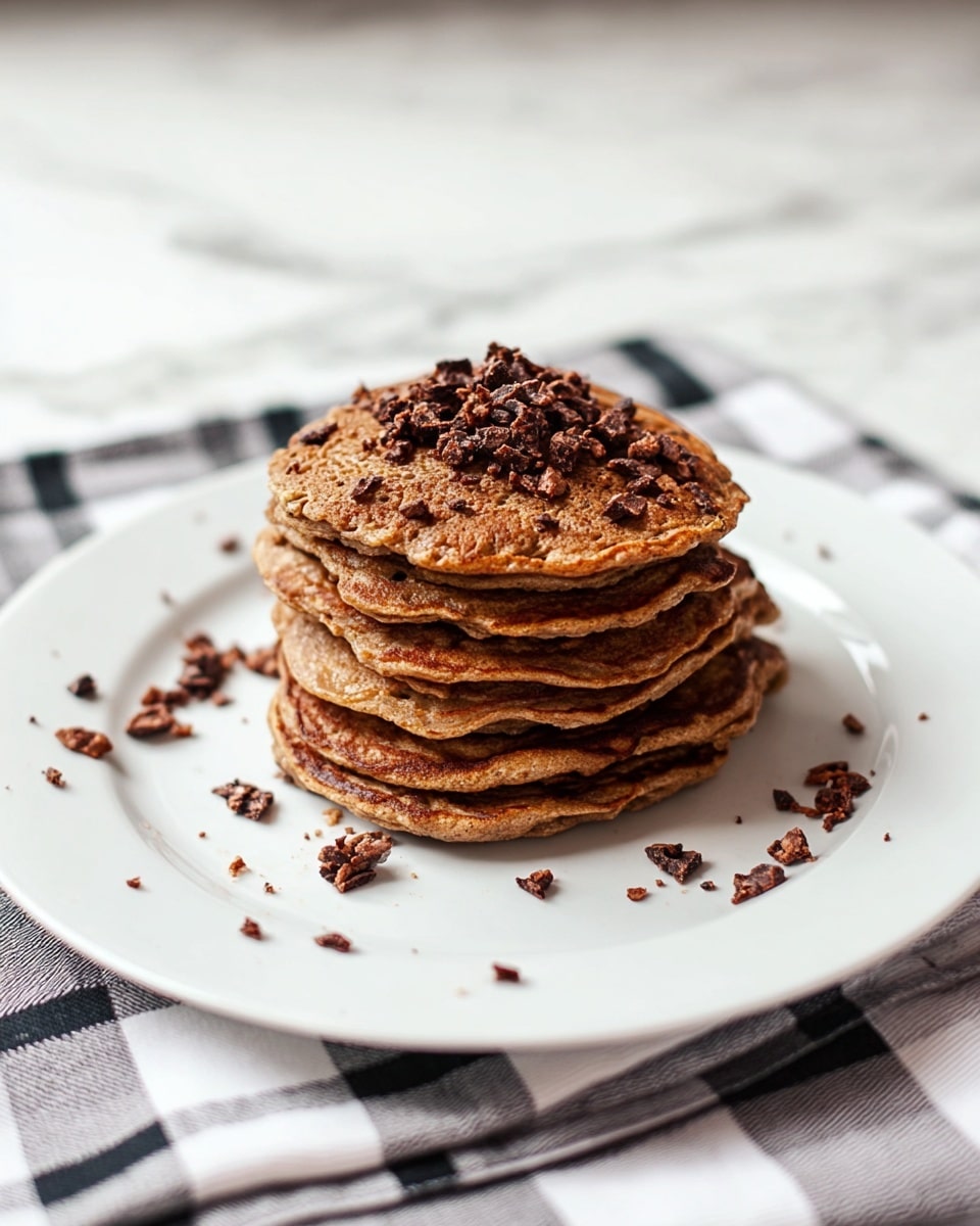 A stack of seven brown pancakes with uneven edges sits at the center of a white plate, topped with small dark brown crunchy bits. The pancakes have a slightly crispy texture on the outside and softer spots visible on the sides. Around the plate, scattered dark brown pieces add detail to the presentation. The plate is placed on a white marbled surface with a black and white checkered cloth partially visible underneath. photo taken with an iphone --ar 4:5 --v 7