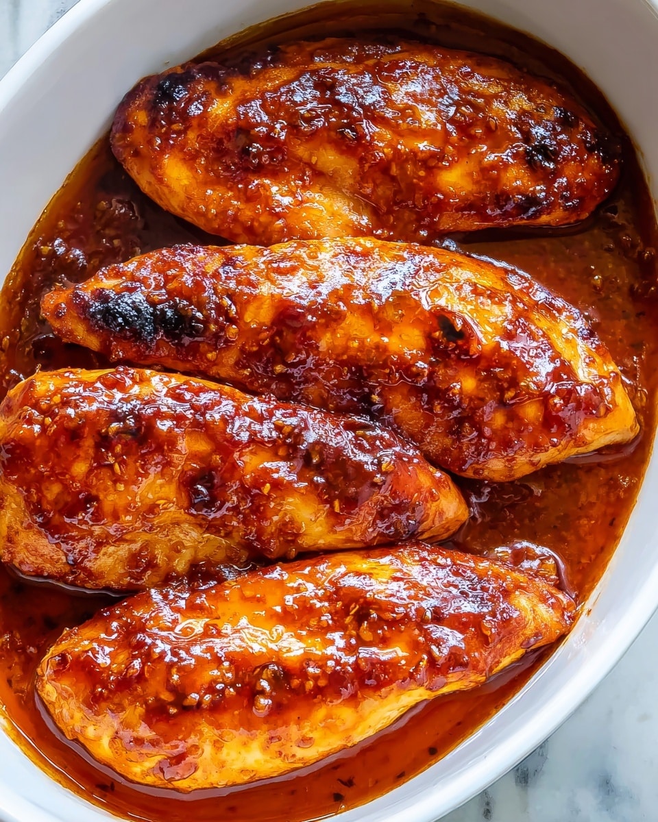 A close-up image shows four pieces of baked chicken breast placed side by side in a white oval baking dish. Each chicken piece is thick with a shiny, deep orange-brown glaze that looks sticky and caramelized, with some darker charred spots on the edges. The glaze covers the entire top surface of the chicken and pools slightly around the meat, creating a glossy sauce layer. The dish rests on a white marbled surface. Photo taken with an iphone --ar 4:5 --v 7