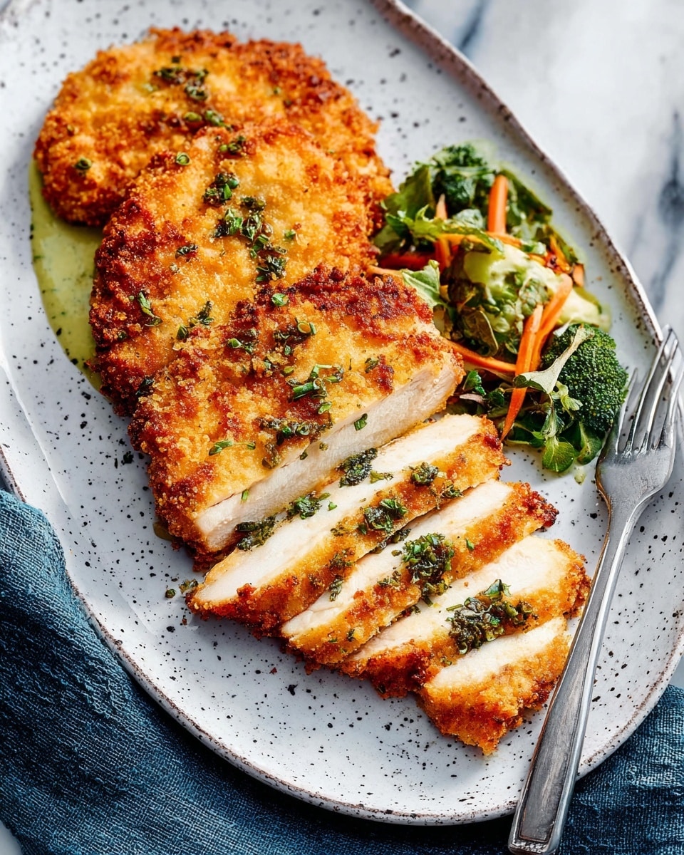 The dish features three pieces of golden-brown breaded chicken placed on a white oval plate with dark speckles, each piece showing a crispy, crunchy crust with some green herb garnishes scattered on top. One chicken breast is sliced into several thick, juicy layers, revealing its tender white inside, while two whole pieces remain intact. On one side of the plate, there is a small serving of mixed vegetables including green broccoli florets, orange carrot strips, and leafy greens, all lightly coated in a creamy green sauce. The plate rests on a white marbled surface with a textured dark blue cloth partially visible underneath. A silver fork is positioned near the bottom right edge of the plate. Photo taken with an iphone --ar 4:5 --v 7
