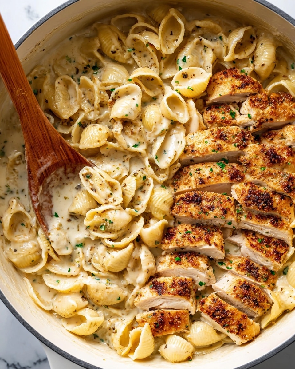 The image shows a close-up of a white pot filled with shell pasta in a creamy, light beige sauce. On the right side inside the pot, there are pieces of sliced, golden-brown grilled chicken arranged in rows, with visible seasoning and a crispy texture. The sauce lightly coats the pasta and chicken, with small green herb bits sprinkled over the dish for a fresh touch. A wooden spoon lies across the top of the pot, partially stirring the pasta and chicken. The background is a white marbled surface. photo taken with an iphone --ar 4:5 --v 7