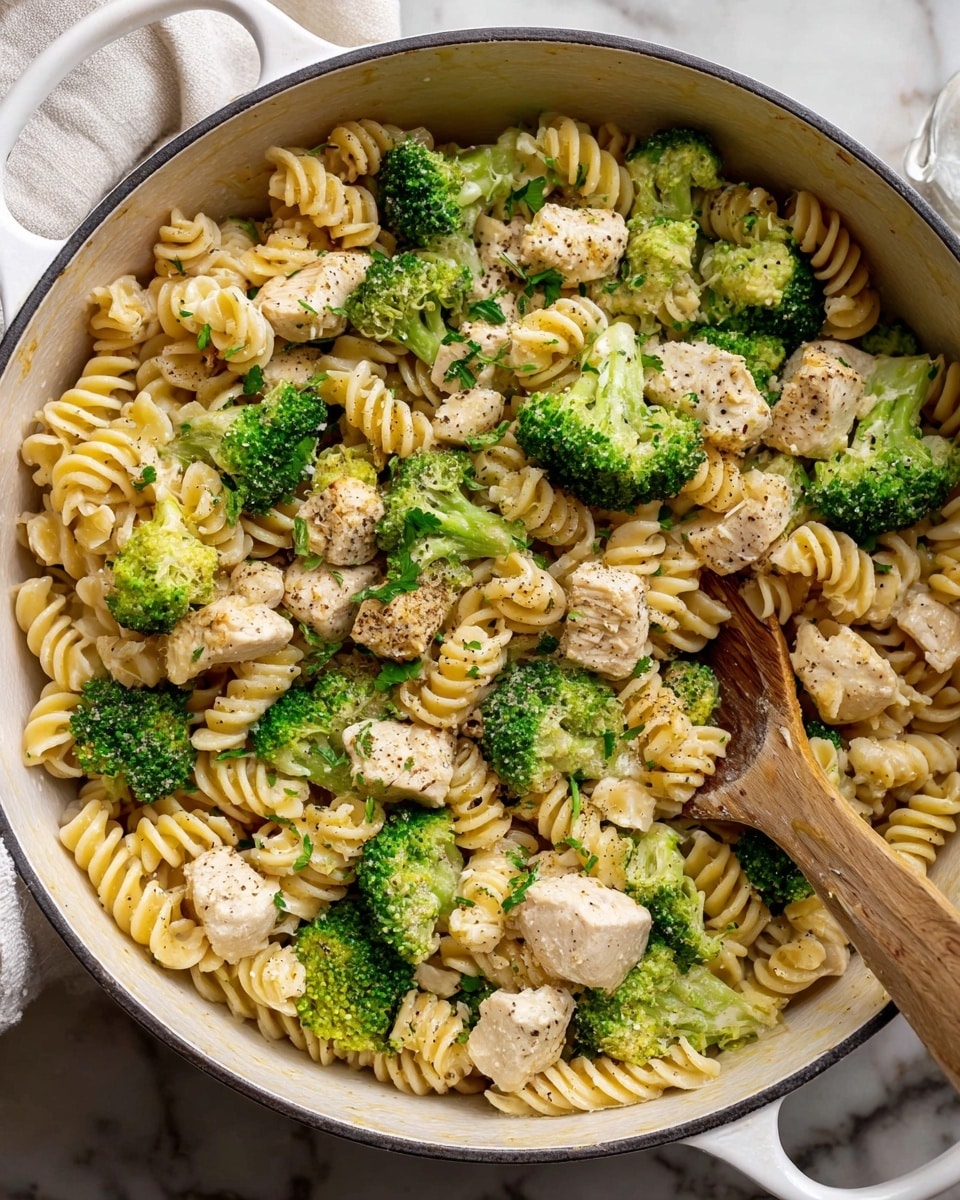 The image shows a white pot filled with cooked rotini pasta as the base layer, which is light golden yellow and curly in texture. Scattered throughout the pasta are medium-sized, bright green broccoli florets with a slightly rough texture, creating the second layer of the dish. The third layer consists of chunks of cooked chicken breast that are light beige with a soft, smooth surface. All the ingredients are lightly coated with bits of fresh chopped parsley and black pepper sprinkled on top. A wooden spoon rests inside the pot. The pot is placed on a white marbled surface with a white cloth nearby. Photo taken with an iphone --ar 4:5 --v 7