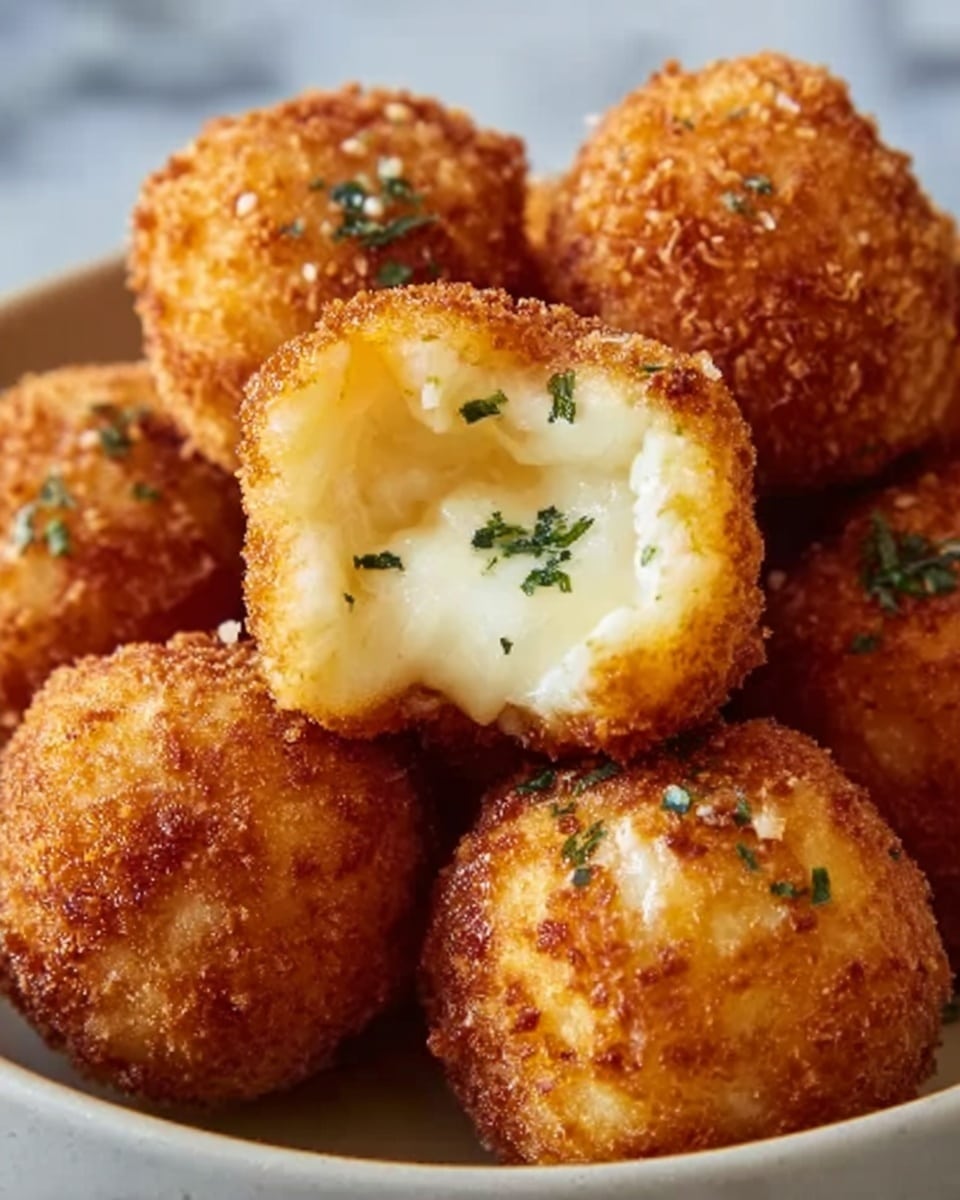 The image shows a close-up of several golden brown, crispy fried balls with a crunchy texture. One ball is split open, revealing a soft, creamy white filling inside, with small green herb pieces on top. The balls are placed together in a white bowl, sitting on a white marbled surface. The lighting highlights the crispiness and gooey filling of the balls. Photo taken with an iphone --ar 4:5 --v 7