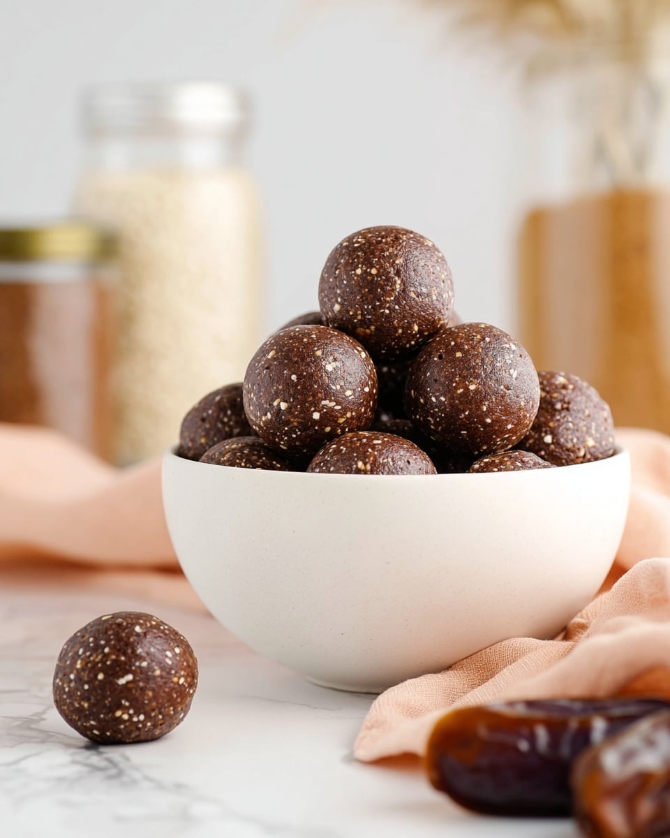 A white bowl filled with smooth, round dark brown energy balls that have small white nut pieces mixed in, stacked in layers inside the bowl, with one ball resting outside on the white marbled surface to the left. The background includes blurred out jars and ingredients in soft neutral colors, and a soft peach cloth is partially spread beneath the bowl, adding a warm tone to the scene. Dates can be seen slightly out of focus in the front right corner on the white marbled surface. photo taken with an iphone --ar 4:5 --v 7