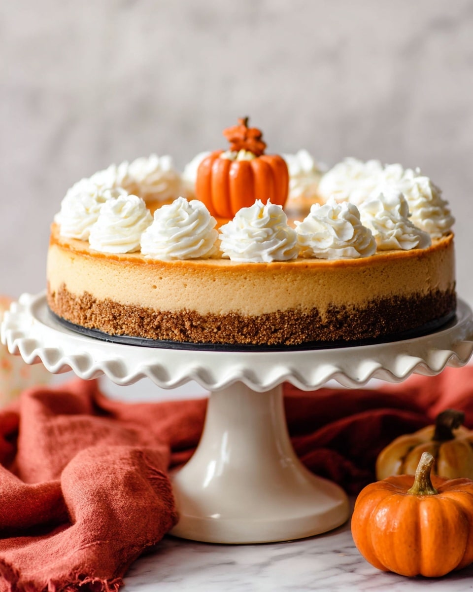 A round cheesecake sits on a white cake stand with a ruffled edge, resting on a soft red cloth on a white marbled surface. The cheesecake has a thick, crumbly brown crust forming the sides, with a smooth light orange filling in the middle. On top of the filling is a circle of evenly spaced white whipped cream swirls, with a small orange pumpkin placed in the center. Another small pumpkin rests near the base of the cake stand. Photo taken with an iphone --ar 4:5 --v 7