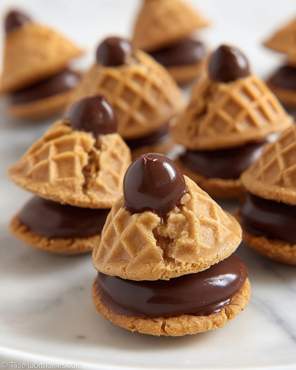 The image shows a close-up of several small desserts made with two layers: a light brown cookie on top and a thick, dark brown chocolate piece on the bottom. The cookie layer has a waffle-like grid pattern and a slightly rough texture, with a tiny round chocolate piece in the center. The chocolate layer is smooth and shaped like a teardrop or Hershey's kiss, resting under the cookie. All the pieces are arranged on a white plate, placed on a white marbled surface. The focus is on the front desserts, with others blurred in the background, showing depth in the image. photo taken with an iphone --ar 4:5 --v 7