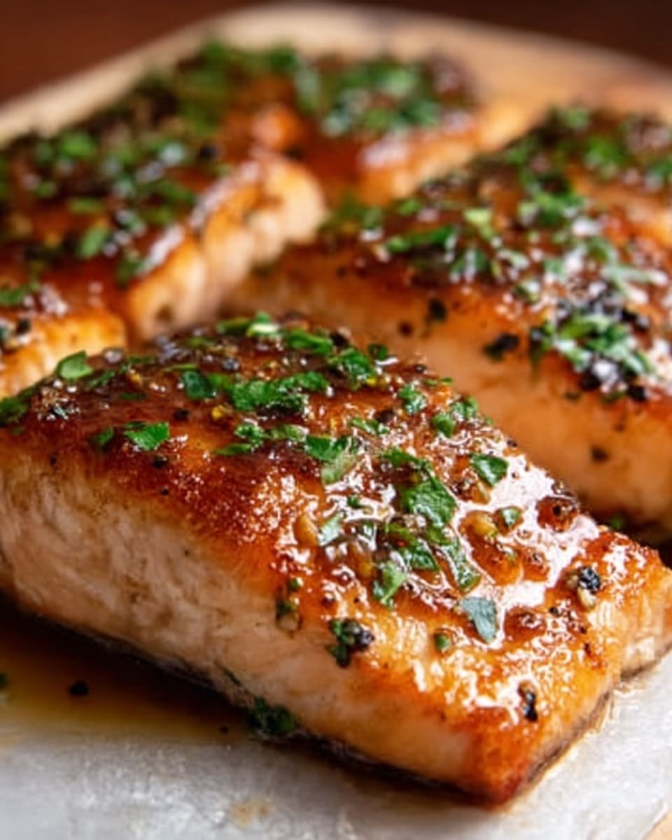A close-up view of two pieces of cooked salmon, each piece showing a rich, glossy orange color with crispy, darkened edges. The salmon is topped with finely chopped green herbs scattered evenly across the surface, and some small white sesame seeds add texture. The background is a white marbled surface. The photo shows a warm, inviting look with a slight shine on the salmon skin and flesh, highlighting the juicy and tender texture. Photo taken with an iphone --ar 4:5 --v 7