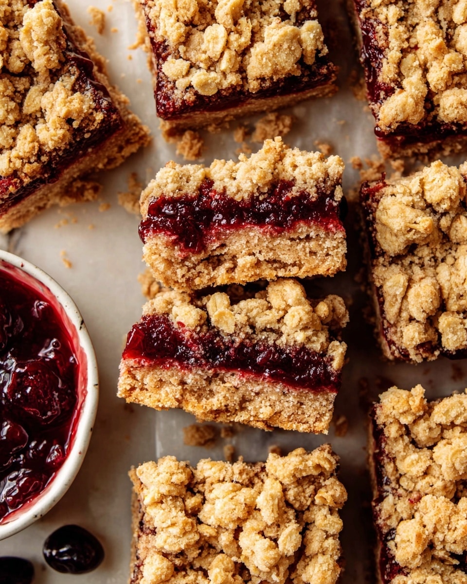 The image shows several square oat bars with three clear layers: the bottom layer is a dense, light golden oat crust; the middle layer is a rich, dark red jam filling that looks thick and slightly glossy; the top layer is a crumbly oat mixture with chunks of golden oat crumble scattered unevenly. The bars sit on a wire rack placed over a white marbled surface. To the side, a round white bowl is filled with thick dark red jam, matching the layer in the bars. The textures highlight the soft jam contrasting with the coarse, crunchy oat layers photo taken with an iphone --ar 4:5 --v 7