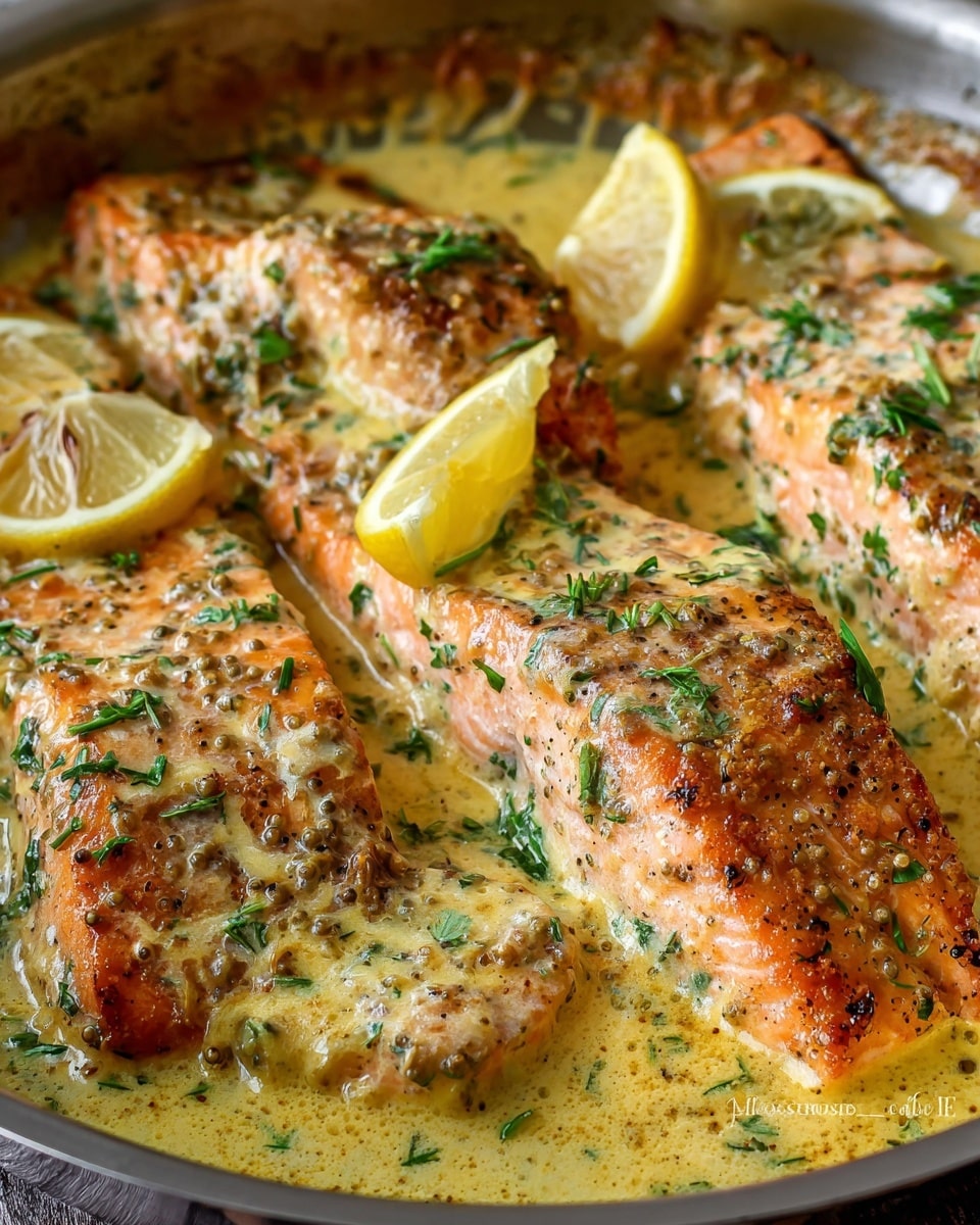 The image shows four thick salmon fillets coated in a creamy, light yellow sauce speckled with green herbs and coarse mustard seeds, arranged closely in a steel pan. The salmon is pink-orange with a slightly browned, textured surface, under the sauce that looks rich and buttery. Small slices of lemon with bright yellow rind and pale juicy interiors are placed on top and around the fish, adding a fresh contrast. The sauce has a smooth, slightly bubbly texture, pooling gently around the fillets in the pan, and the green herbs are finely chopped, scattered evenly over the dish. photo taken with an iphone --ar 4:5 --v 7