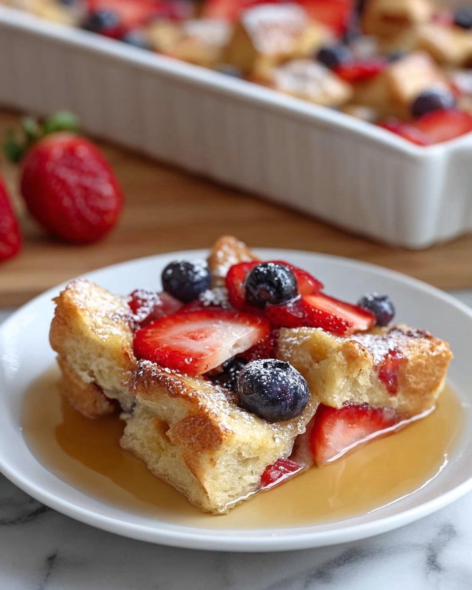 A white plate holds a square slice of bread pudding topped with sliced red strawberries and whole dark blueberries. The bread pieces are golden brown and soft looking, creating a rough textured layer at the base. The fruit is scattered on top, adding red and blue color spots. A light dusting of powdered sugar covers the top, adding a fine white layer. Syrup pools around the base on the plate, giving a shiny glaze. A silver fork sits on the plate’s edge, and in the background, a white baking dish filled with more bread pudding is partly visible, along with a glass bowl of fresh strawberries on a white marbled surface. photo taken with an iphone --ar 4:5 --v 7