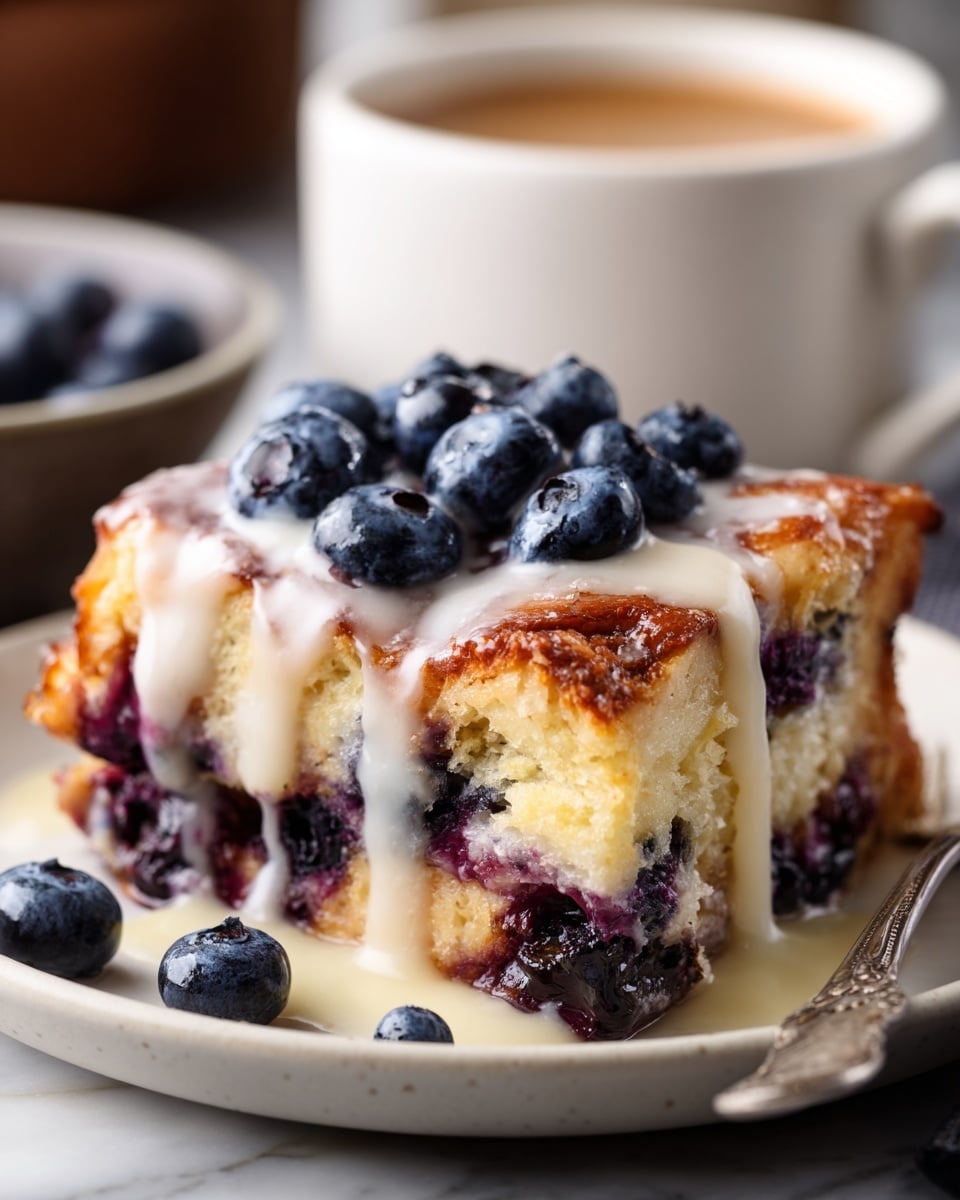 A close-up of a thick slice of bread pudding on a white plate with a slightly raised edge, placed on a white marbled surface. The bread pudding has multiple rough layers: a golden brown crust on top, a creamy layer below soaked with blueberries that burst with deep purple juice, and a soft crumbly yellow center. Fresh blueberries are scattered generously over the slice, with a thick white glaze drizzle running down the front, creating a glossy texture. In the background, a white cup of coffee is softly blurred, adding warmth to the scene. photo taken with an iphone --ar 4:5 --v 7