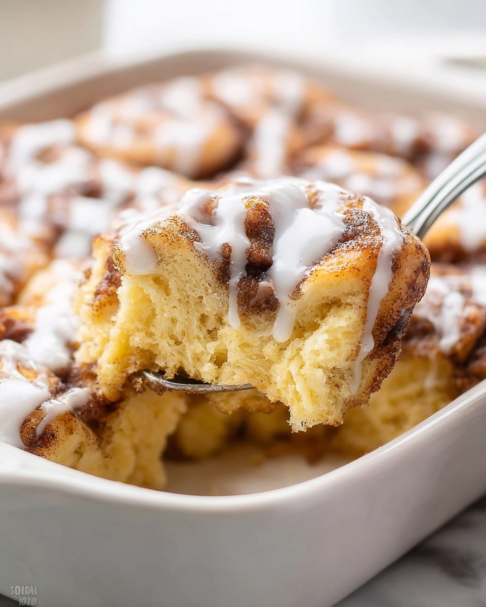 A close-up view shows a spoon lifting a piece of cinnamon roll bake from a white ceramic dish on a white marbled surface. The cinnamon roll bake has one thick layer, with the dough that is light golden brown, soft, and fluffy. Swirled throughout are darker brown cinnamon spots creating a marbled effect. The top is drizzled with a glossy white icing, adding a shiny, smooth contrast over the textured baked dough. The background shows more of the cinnamon roll bake in the dish, softly blurred. photo taken with an iphone --ar 4:5 --v 7