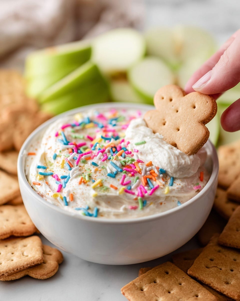 A white bowl filled with thick, creamy white dip that has colorful rainbow sprinkles mixed in and scattered on top. Two light tan animal-shaped cookies are partially dipped standing on the right side of the bowl, while a woman's hand is placing a similar cookie on the left side, inserted into the creamy dip. Surrounding the bowl are golden brown graham cracker squares stacked together, and fresh green apple slices are arranged near the bowl on a white marbled surface. The scene shows a bright and clear close-up shot. photo taken with an iphone --ar 4:5 --v 7