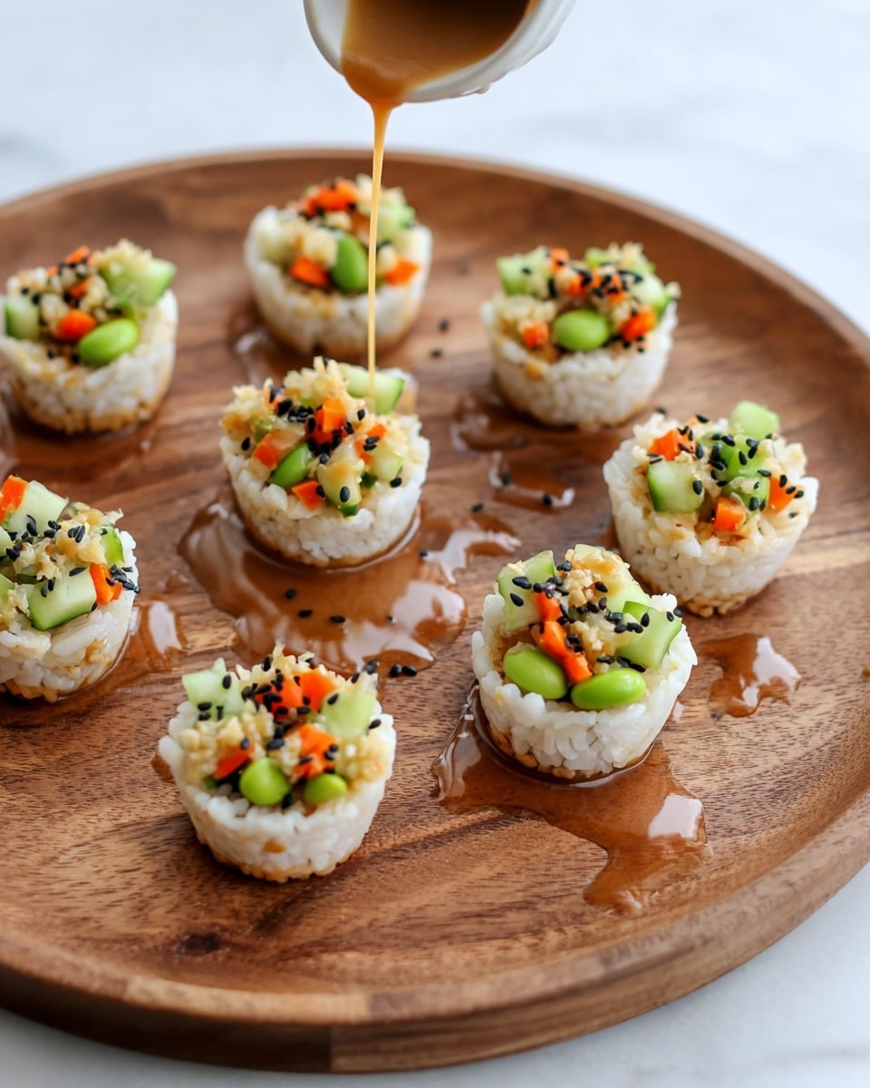 The image shows eight small round cups made of pressed white rice arranged on a round wooden plate. Each rice cup is filled with a colorful mix of green edamame beans, small orange carrot pieces, and diced green cucumbers, topped with black sesame seeds. A light brown sauce is being poured over the cups and drizzled around them on the wooden plate, adding a glossy texture. The wooden plate rests on a smooth white marbled surface. photo taken with an iphone --ar 4:5 --v 7