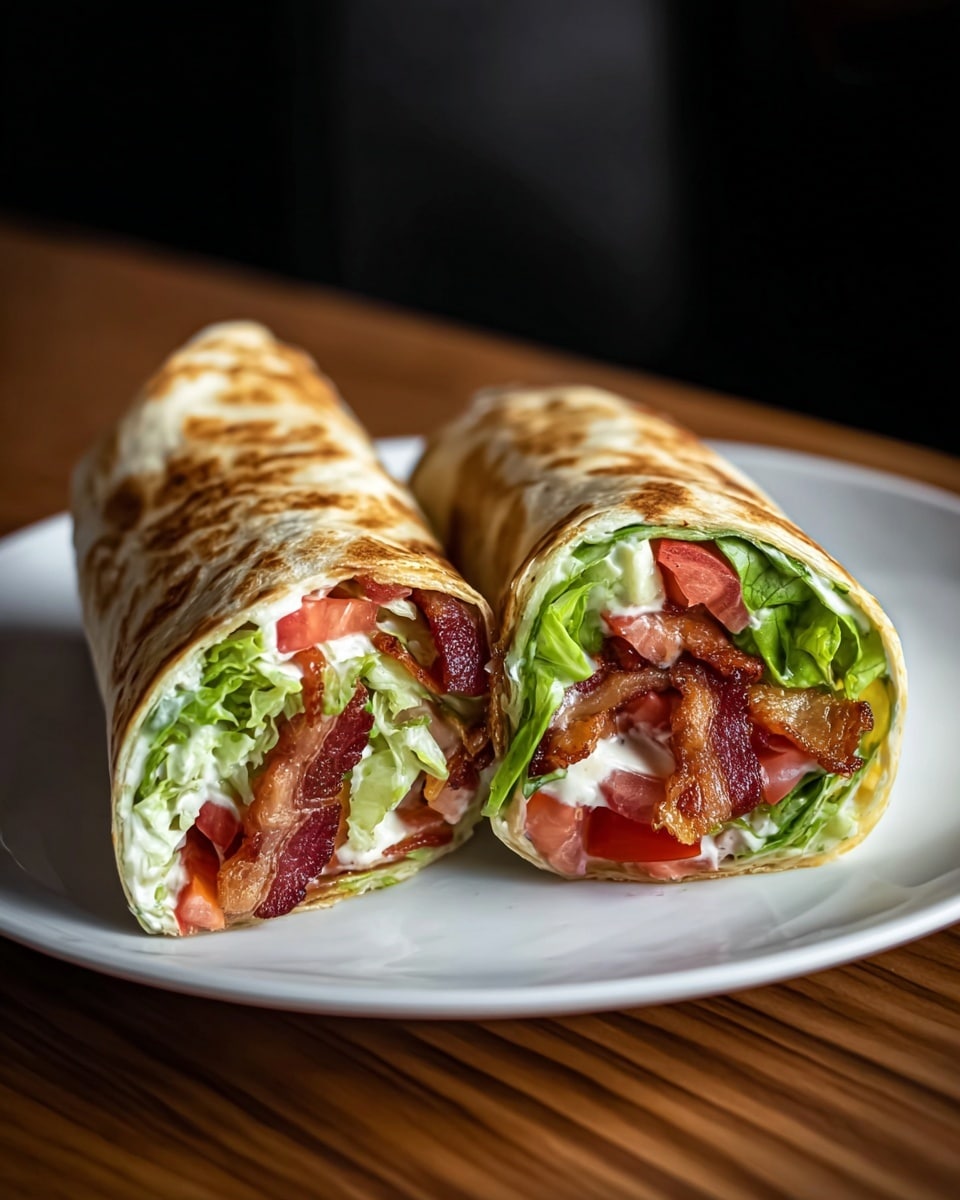 Two halves of a wrap are placed side by side on a white plate, sitting on a wooden table. Each wrap has a golden-brown, slightly toasted outer layer. Inside, there are several visible layers starting with a fresh, bright green lettuce at the top, followed by small red tomato pieces, and strips of cooked bacon with a reddish-brown color. Creamy white sauce is also visible, adding a smooth texture among the crispy bacon and fresh vegetables. The background is dark, creating contrast with the bright food and white plate. Photo taken with an iphone --ar 4:5 --v 7