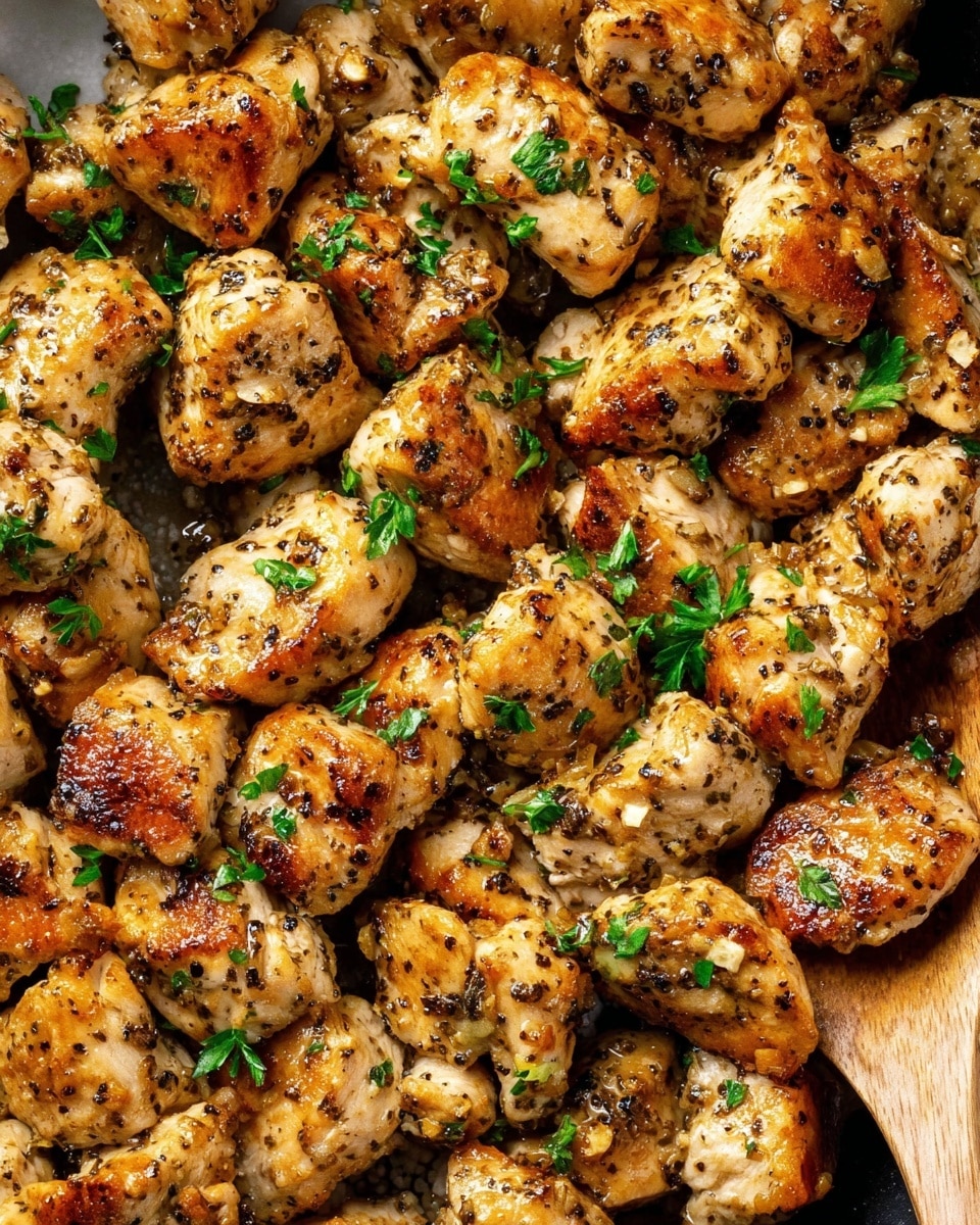 Close-up image of many golden brown cooked chicken pieces with a slightly crispy texture. Each chicken piece has a mix of light and dark brown shades from cooking, and they are sprinkled with bright green chopped herbs evenly on top. The chicken looks juicy and well-seasoned with visible small bits of garlic and spices on the surface. The pieces are tightly packed and appear tender and flavorful. On the right side, part of a wooden spoon is visible. The background is a white marbled texture. photo taken with an iphone --ar 4:5 --v 7
