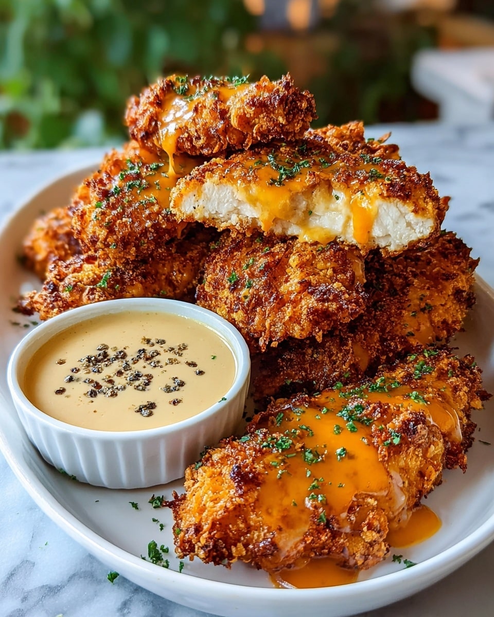 The image shows a white shallow bowl filled with multiple pieces of golden-brown fried chicken tenders with a crispy, crumbly texture, some pierced to reveal juicy, white meat inside. The tenders are drizzled with a glossy, orange sauce and sprinkled with small green herb leaves. On the upper left side of the bowl, there is a white ramekin filled with a thick, light yellow dipping sauce topped with ground black pepper. The entire bowl is placed on a white marbled surface with some green plant leaves blurred in the background. Photo taken with an iphone --ar 4:5 --v 7