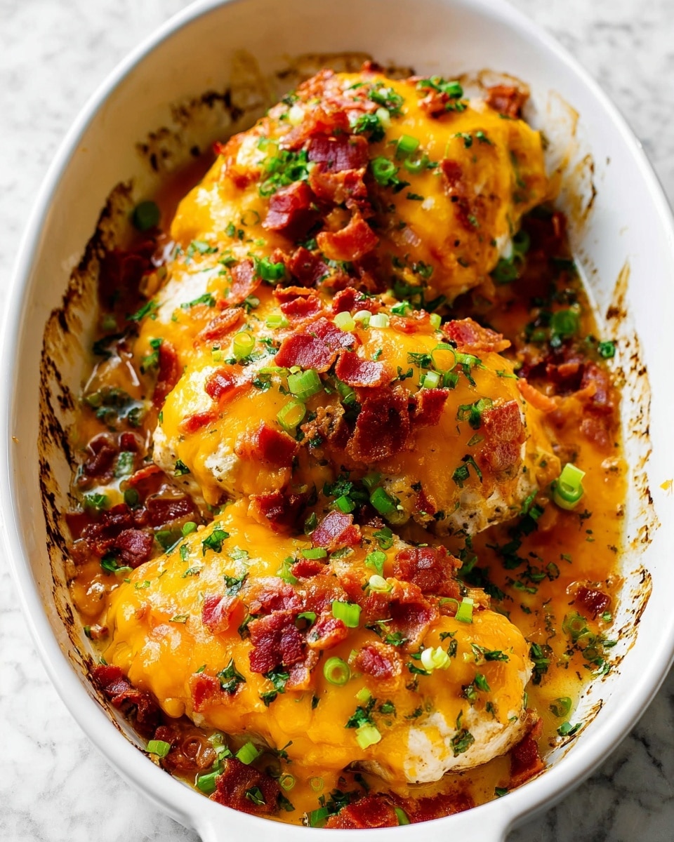 The image shows a white oval dish filled with three pieces of baked chicken topped with golden melted cheddar cheese, small pieces of cooked ham, and chopped green onions scattered on and around the chicken. The chicken pieces are slightly browned and covered in cheese that has crispy edges. Fresh green parsley is sprinkled lightly over the dish, adding a touch of green amidst the melted cheese and ham. The white marbled surface beneath the dish has some cheese drips and baked bits on the edges of the dish, giving a fresh-from-the-oven feel. photo taken with an iphone --ar 4:5 --v 7
