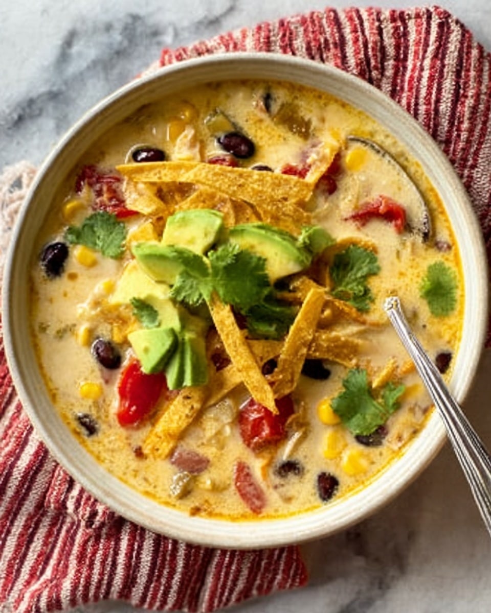 A deep white bowl filled with creamy chicken tortilla soup, showing three distinct layers: the bottom broth is light beige with a smooth texture, the middle layer holds shredded chicken pieces in white and light brown, along with yellow corn kernels scattered throughout, while the top layer is decorated with bright green avocado chunks, fresh green cilantro leaves, crispy golden tortilla strips, and a few shiny dark red kidney beans. A silver spoon rests inside the bowl on the right side. The bowl sits on a white marbled surface, with a red and white striped cloth partially visible behind it. Photo taken with an iphone --ar 4:5 --v 7