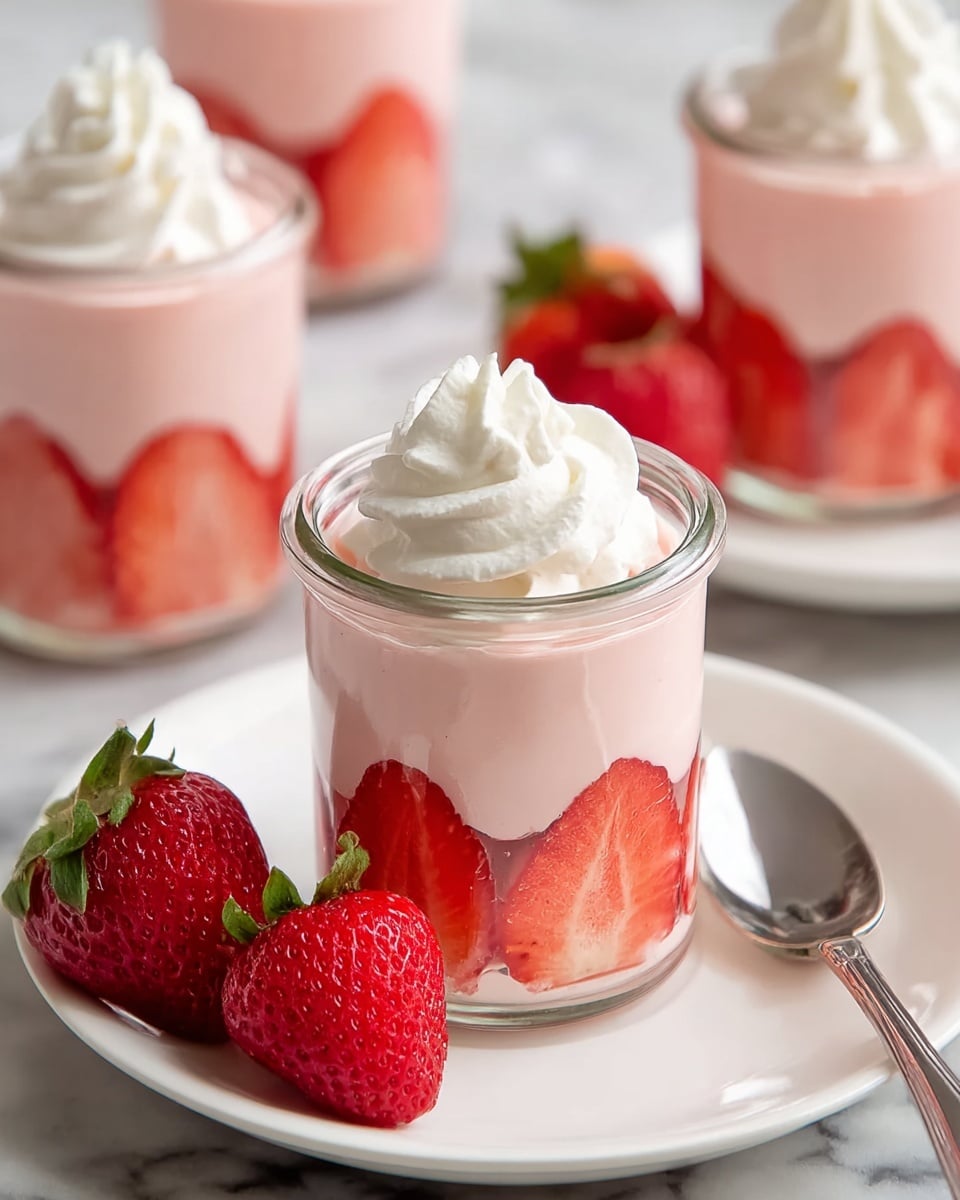 The image shows two small glass jars filled with a smooth, light pink mousse. Each jar has thin slices of bright red strawberries pressed against the inside walls, creating a decorative layer around the bottom half. On top of the mousse, there is a swirl of white whipped cream. The jars are placed on a white plate that rests on a white marbled surface. Around the jars and on the plate, there are fresh whole strawberries with green leaves. A shiny silver spoon lies on the plate next to the jars. In the background, another similar jar can be seen slightly out of focus. The photo taken with an iphone --ar 4:5 --v 7