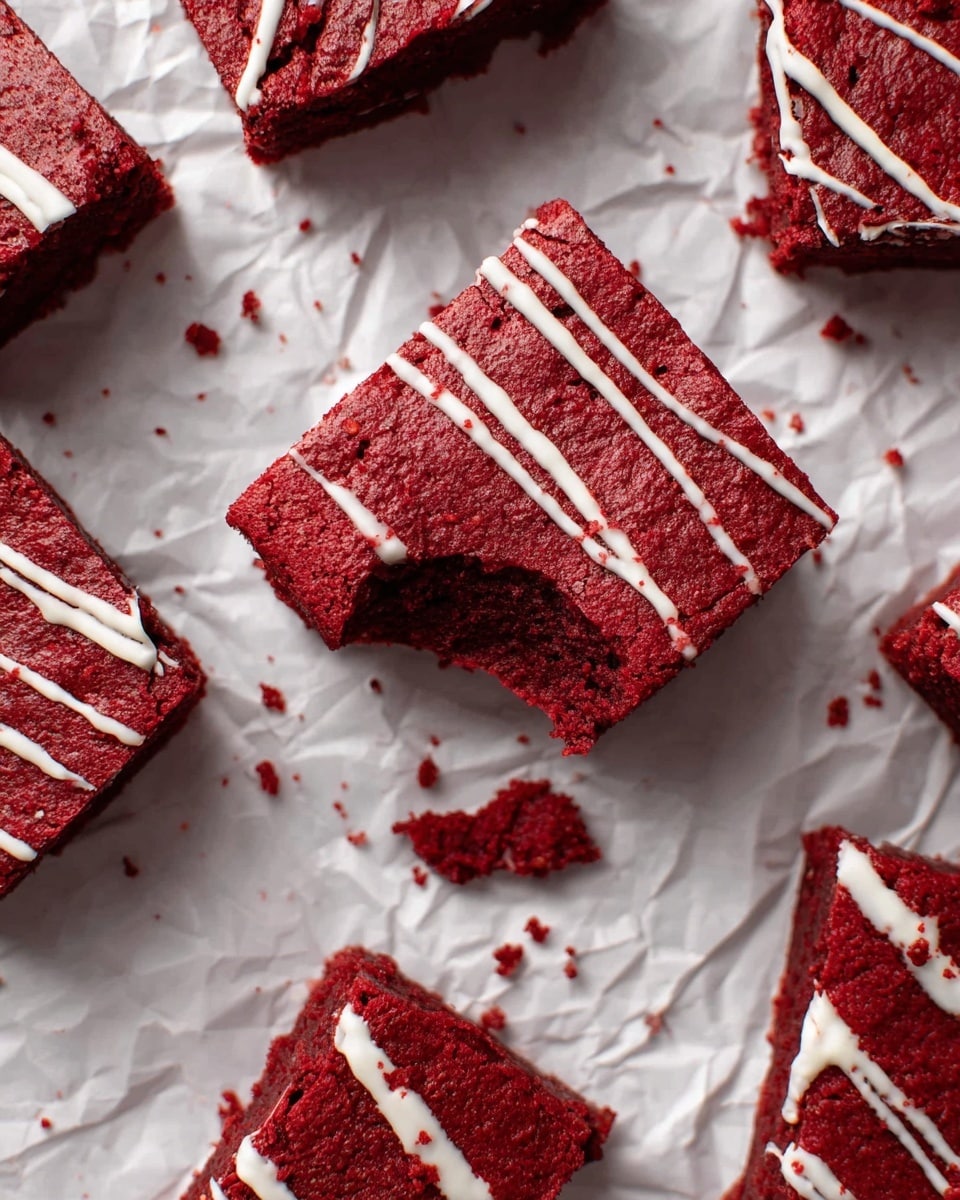The image shows several pieces of red velvet brownies arranged on a white marbled surface. Each brownie has one layer, deep red in color with a dense and moist texture. They are decorated with thin white icing lines drizzled diagonally across the top surface. One brownie in the center has a bite taken out of its corner, revealing the rich, soft inside. Small crumbs and bits of white drizzle are scattered around the brownies. Photo taken with an iphone --ar 4:5 --v 7