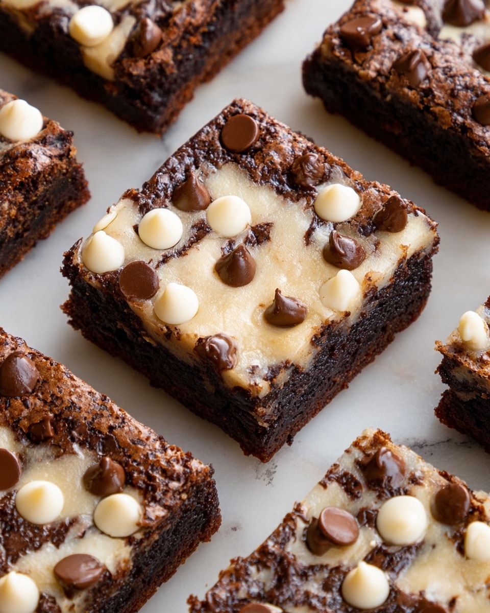 The image shows several square brownie pieces arranged on a white marbled surface. Each brownie has a dark brown base with a slightly rough texture, topped with a creamy, light tan swirl layer that looks soft and slightly melted. Scattered on top are both milk chocolate chips and white chocolate chips, creating a contrast of dark brown and creamy white colors. The layers appear thick and rich, with the chocolate chips sitting on the light tan swirls mainly in the center and edges of each square. photo taken with an iphone --ar 4:5 --v 7