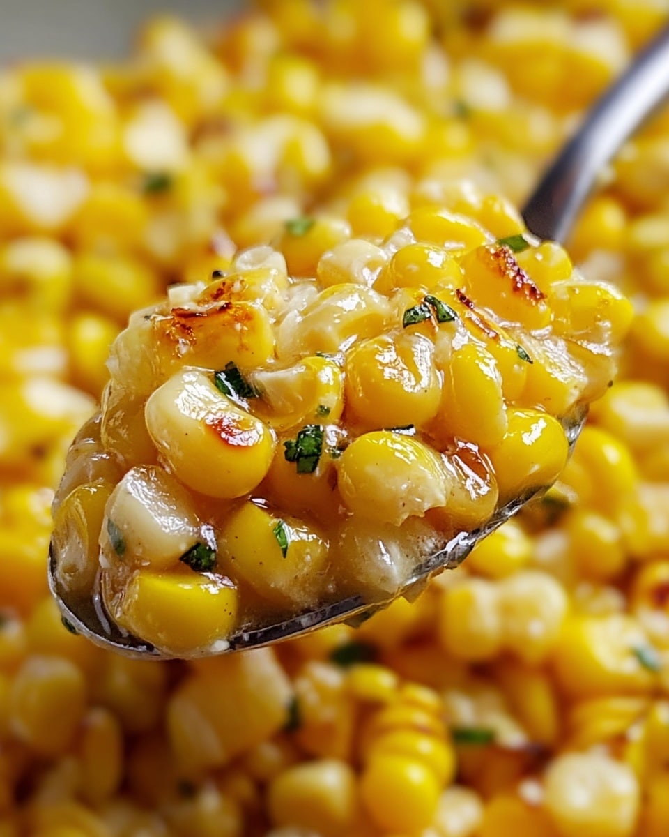 A close-up view of a spoon filled with cooked corn kernels, showing two main layers: bright yellow kernels mixed with some creamy white kernels, both glistening with melted butter and dotted with small bits of green herbs and light brown char marks, giving a shiny and slightly crispy texture. The background is softly blurred with more corn kernels in similar colors and textures, all resting on a white marbled surface. Photo taken with an iphone --ar 4:5 --v 7