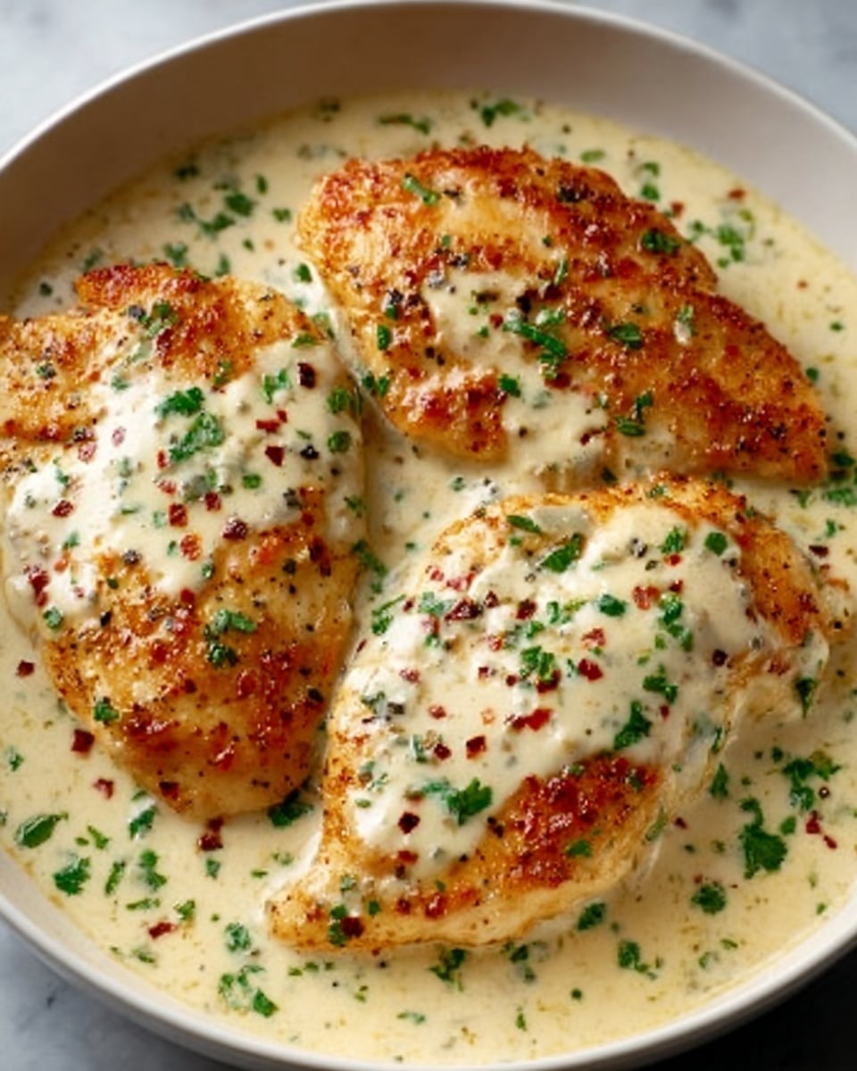 The image shows three pieces of golden-brown cooked chicken breast sitting on a shallow white plate filled with creamy white sauce. The chicken breasts are covered in the sauce, which has a smooth texture with small red chili flakes and fresh green herbs sprinkled on top. The sauce pools around the chicken at the bottom of the plate, creating a rich and inviting look. The plate rests on a white marbled surface. photo taken with an iphone --ar 4:5 --v 7