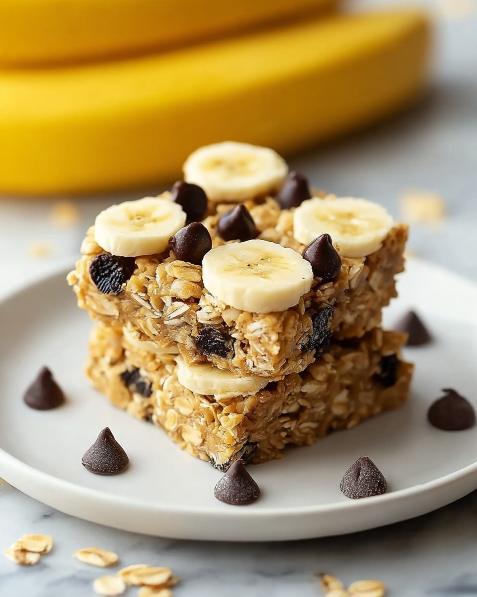 Two square oat bars are stacked on a white plate, each bar having a light golden color with visible oat flakes and dark raisins embedded inside. The top bar is decorated with small round banana slices evenly placed and scattered dark chocolate chips both on top and around the plate. The plate is set on a white marbled surface with an out-of-focus yellow banana in the background. photo taken with an iphone --ar 4:5 --v 7