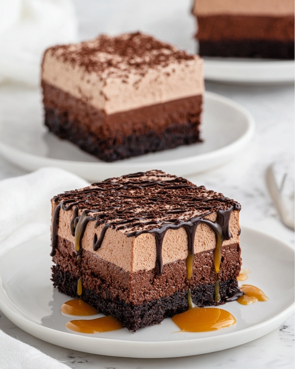This image shows a dessert with two layers on a white plate set on a white marbled surface. The bottom layer is dark brown, dense, and moist, resembling a rich brownie with a slightly crumbly texture. The top layer is light brown, thick, and fluffy, similar to whipped chocolate mousse. The dessert is cut into a square shape. One version is topped with smooth caramel sauce and dark chocolate drizzles that run down the sides and pool slightly on the plate. Another version features a light dusting of cocoa powder on top. The background includes stacked white plates, a white pitcher, and a glass of milk. photo taken with an iphone --ar 4:5 --v 7