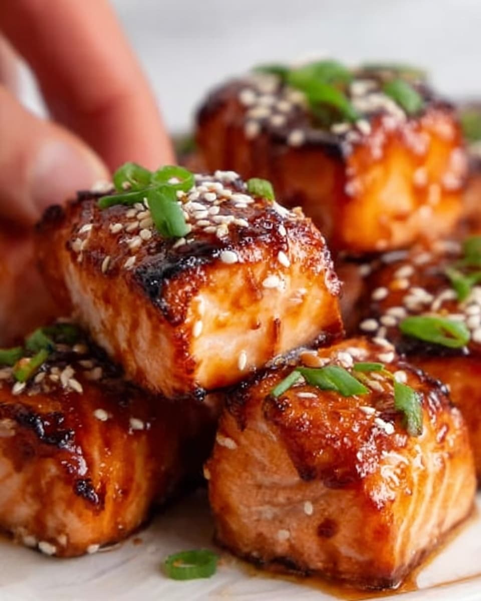 The image shows close-up pieces of grilled salmon, each with two visible layers: a crispy, dark brown grilled top layer with a shiny glaze and white sesame seeds sprinkled on it, and a soft, light orange-pink cooked salmon layer below. Small green onion pieces are scattered on top of the salmon. The salmon pieces are placed on a white plate with a white marbled texture surface in the background. A woman's hand is seen gently holding one piece from the side. Photo taken with an iphone --ar 4:5 --v 7