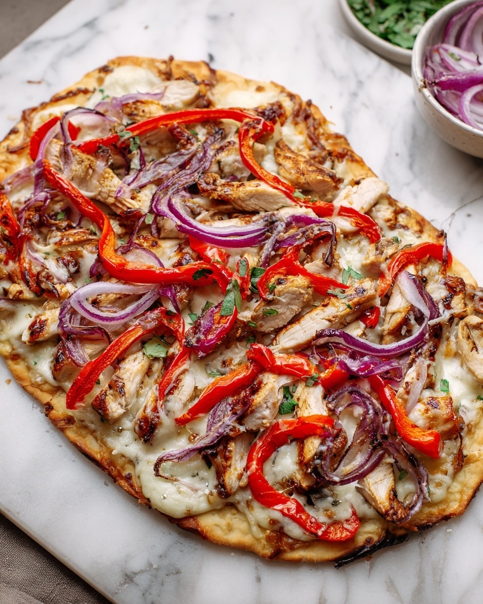 A flatbread pizza with a thin, slightly charred light brown crust forms the bottom layer. On top of the crust is a melted layer of creamy, light golden cheese that spreads evenly, covering the whole surface. Roasted chicken pieces, browned and soft, are spread across the cheese in uneven chunks. Bright red, thin slices of bell pepper lie on top of the chicken, adding vibrant color. Thin rings of purple-red onion are scattered further on top, some slightly cooked with darker edges, giving a fresh look. The flatbread is placed on a white marbled surface with a wooden board and green bowl softly blurred in the background. photo taken with an iphone --ar 4:5 --v 7