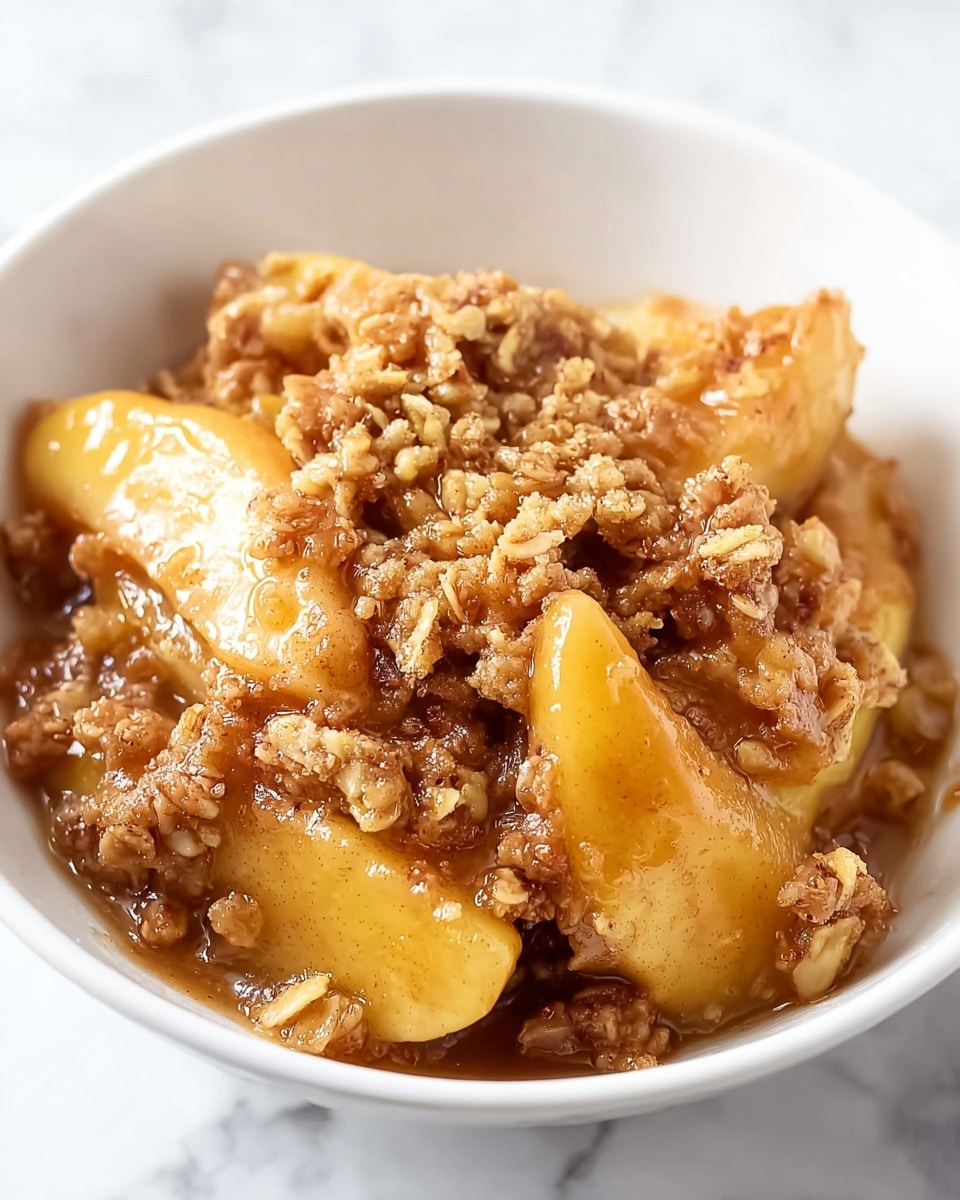 The image shows a white bowl filled with a warm apple crisp dessert. The bottom layer has soft, golden-brown apple slices coated in a shiny, sticky syrup. On top, there is a thick crumbly layer of oat and brown sugar streusel, which has a mix of light and darker brown colors, giving it a crunchy look. The dessert looks moist and gooey with bits of cinnamon and sugar blending into the topping. The bowl is placed on a white marbled surface. photo taken with an iphone --ar 4:5 --v 7
