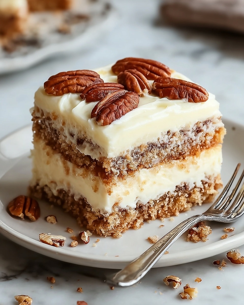 A square piece of layered dessert sits on a white plate with a silver fork beside it. The dessert has three layers of light brown crumbly cake alternating with two layers of thick creamy white frosting. The top layer is fully covered with the same white frosting and decorated with whole pecans scattered on top. Small crumbs surround the dessert on the plate, and the background shows a white marbled texture. Photo taken with an iphone --ar 4:5 --v 7